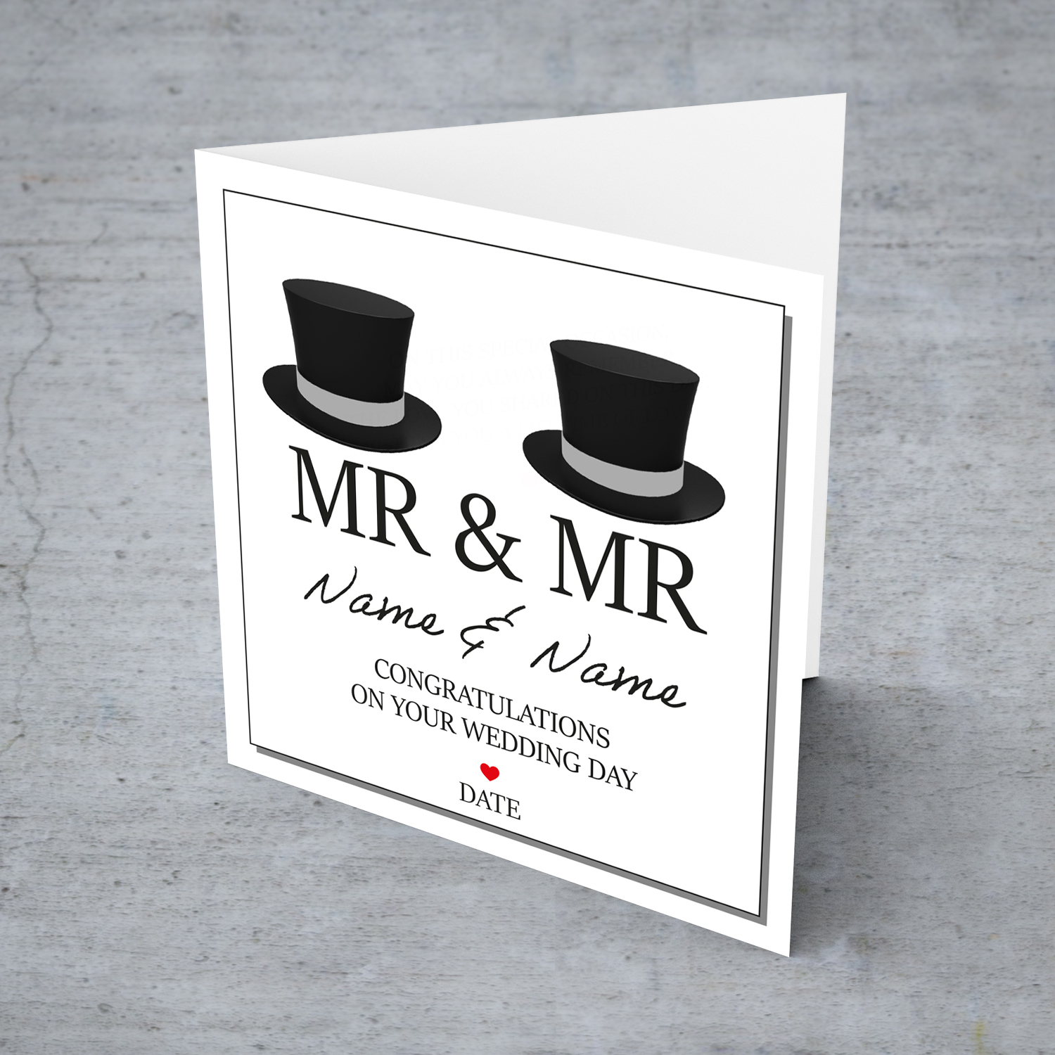 Same sex marriage (Male) wedding card with two hats in English (Personalisable)
