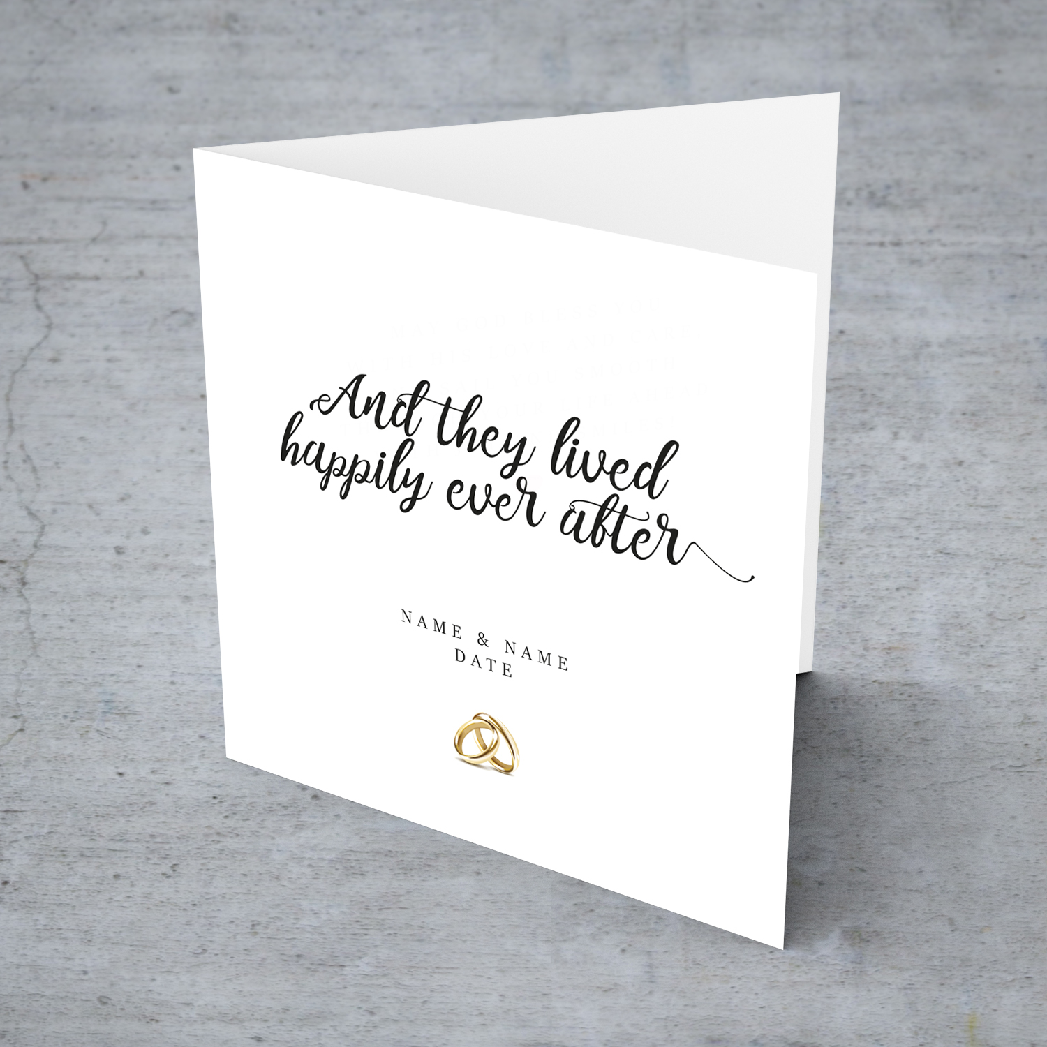 Minimalist personalisable wedding card with wedding rings in English