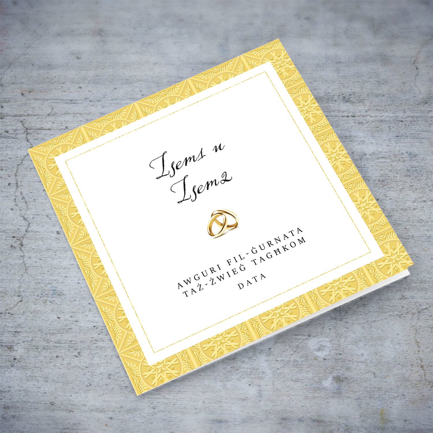 Golden border wedding card with wedding bands in Maltese (Personalisable)