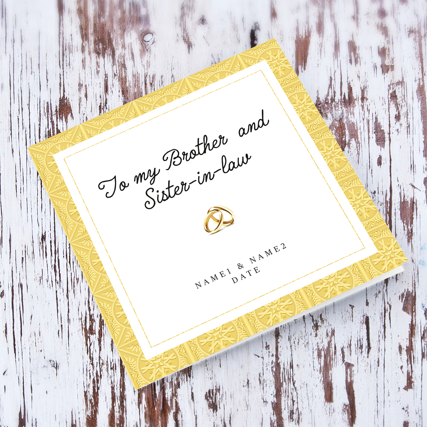 Golden border wedding card with wedding bands for brother and sister-in-law in English (Personalisable)