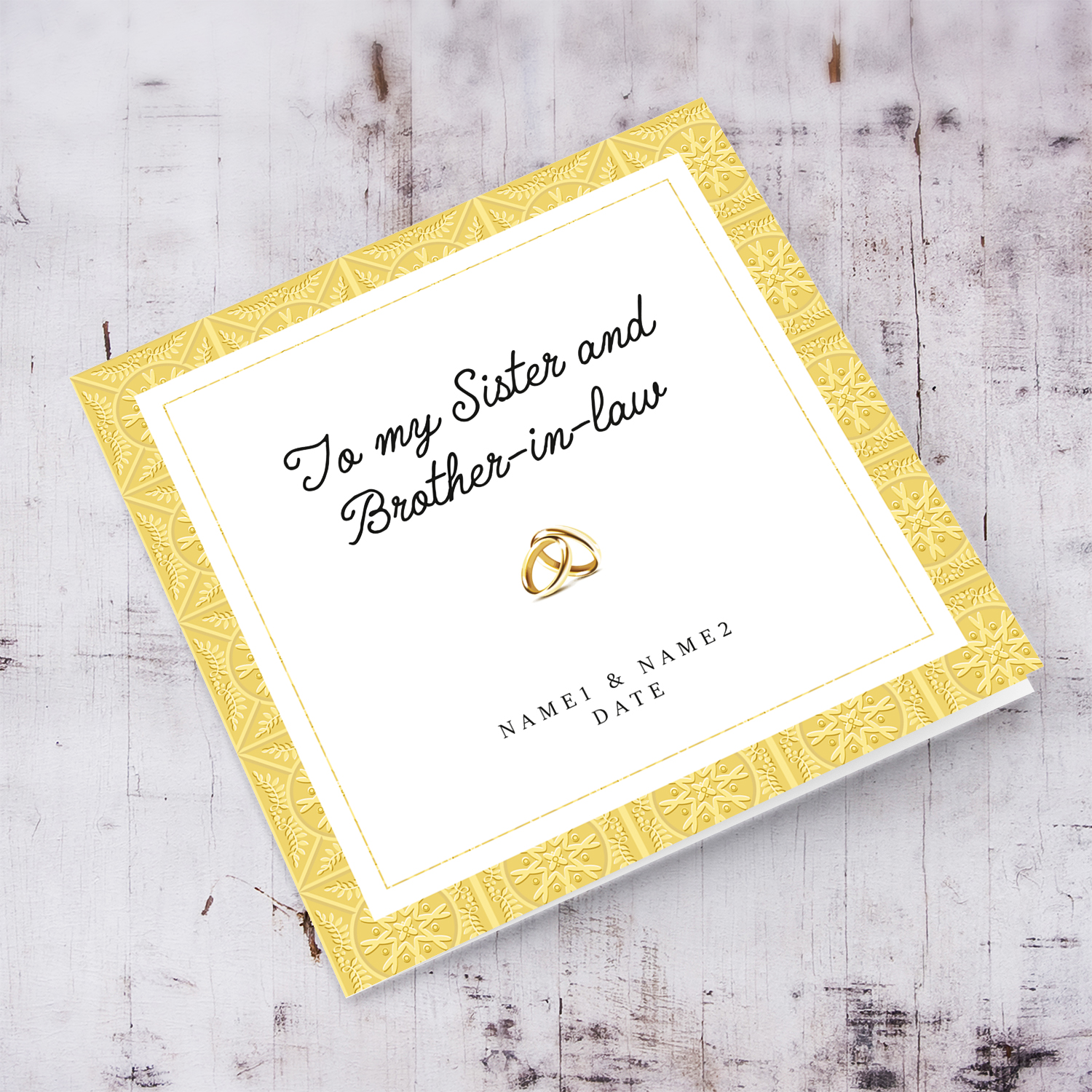 Golden border wedding card with wedding bands for Sister and Brother-in-law in English (Personalisable)