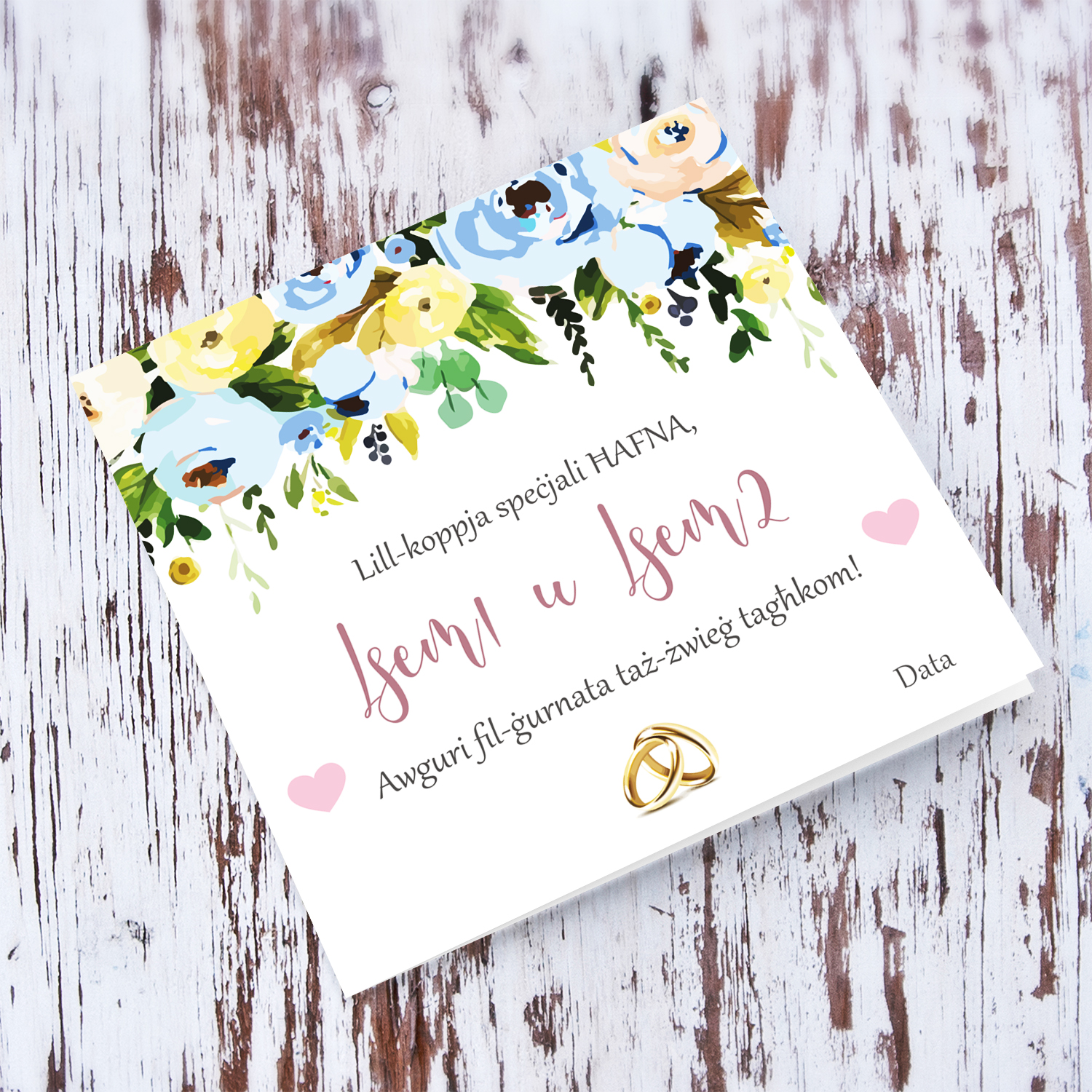 Floral personalisable Wedding card in in blue tones in Maltese with wedding rings