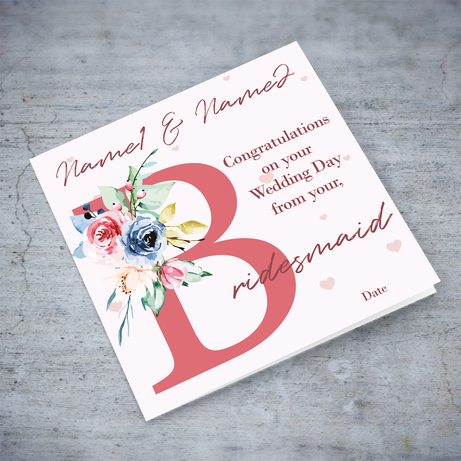 Wedding card from Bridesmaid in English with pink hearts and florals (Personalisable)