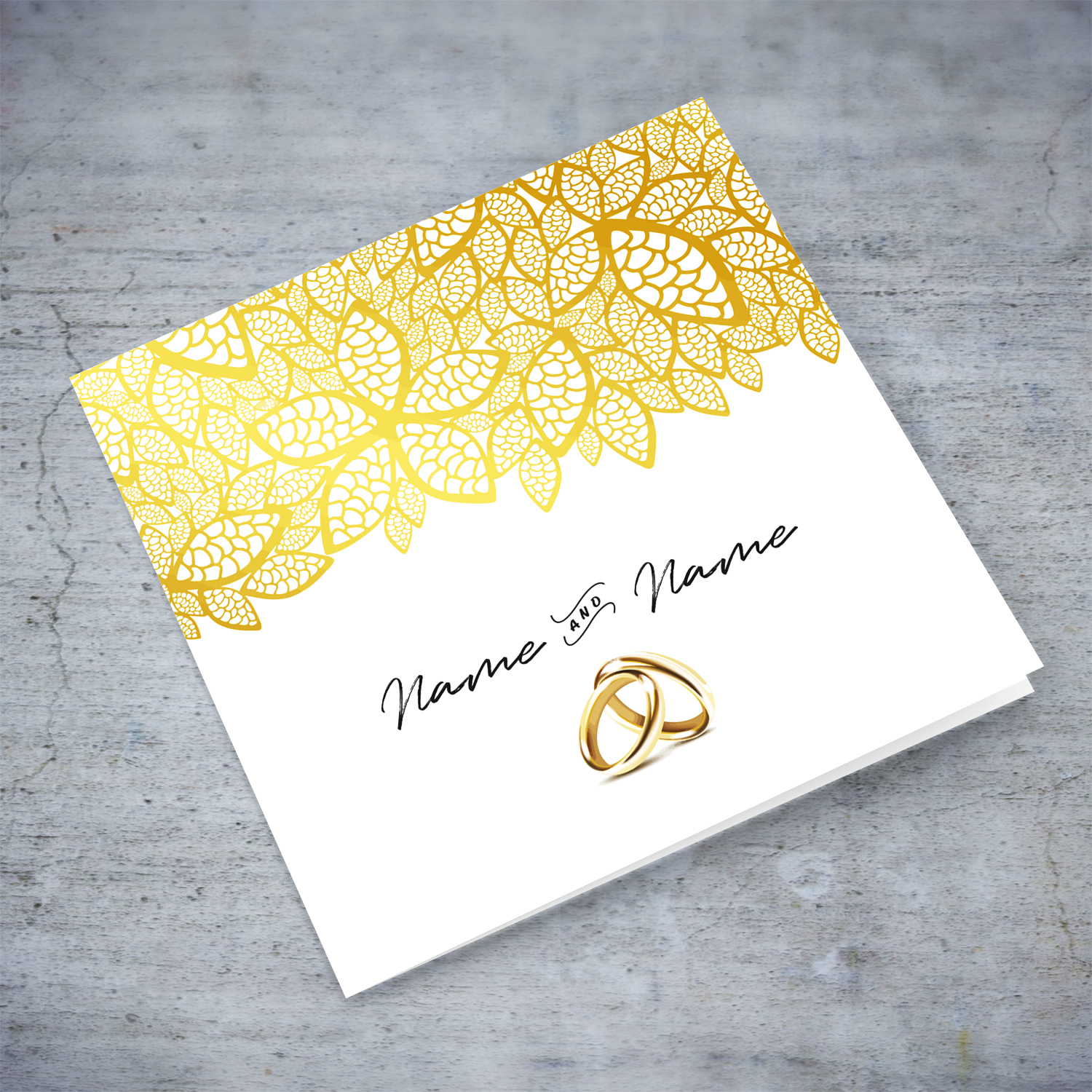 Golden leaves minimalist wedding / engagement card with couples names in English (Personalisabe)