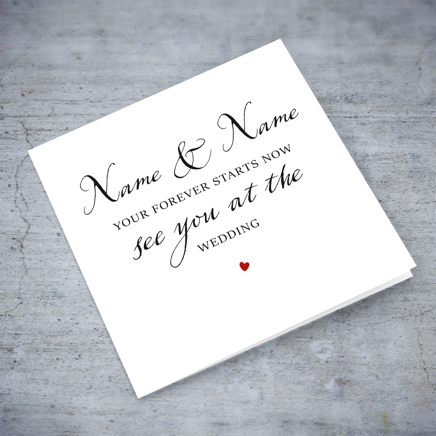Minimalist wedding card in black text and small red heart in English (Personalisable)