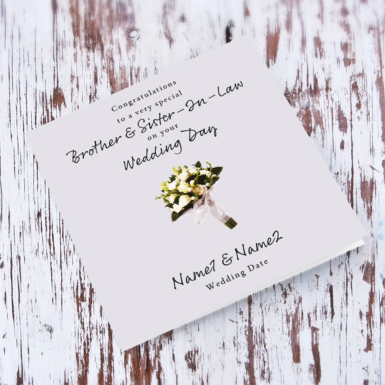 Minimalist wedding card in light gray background with wedding bouquet for Brother & Sister-in-law in English