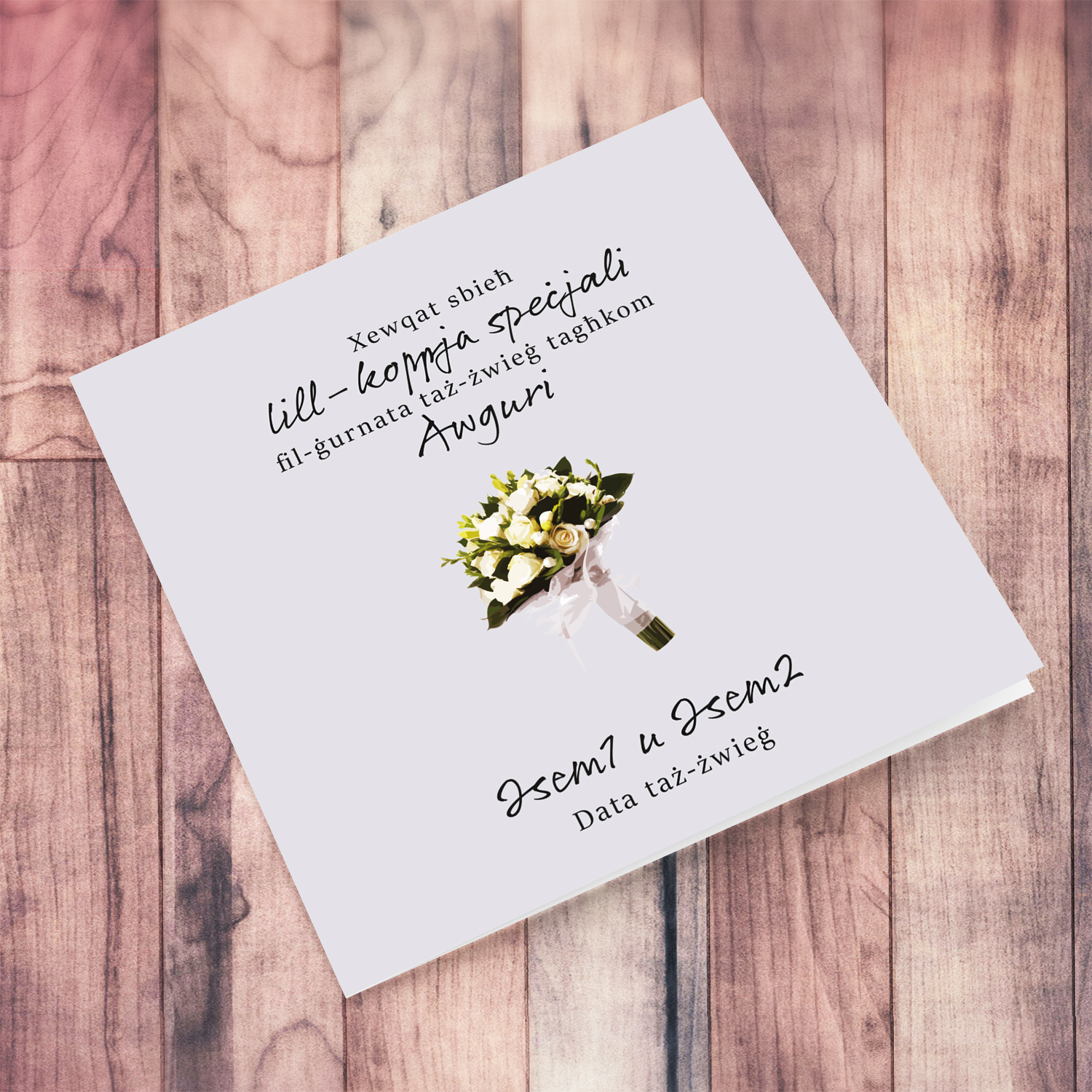 Minimalist wedding card in light gray background with wedding bouquet for a special couple in Maltese (Personalisable)