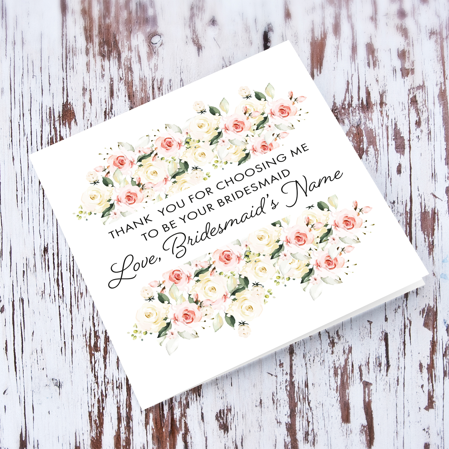 Beautiful floral personalisable wedding card from Bridesmaid in English