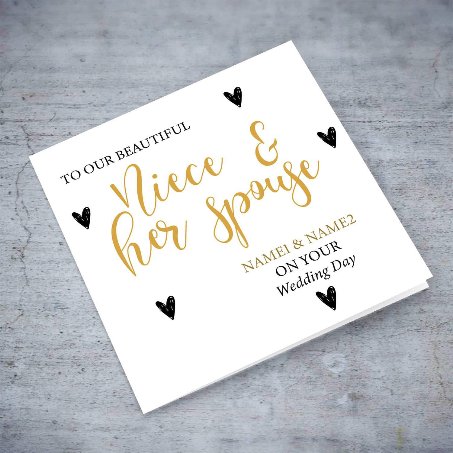 Niece & spouse wedding card in gold and black text in English (personalisable)