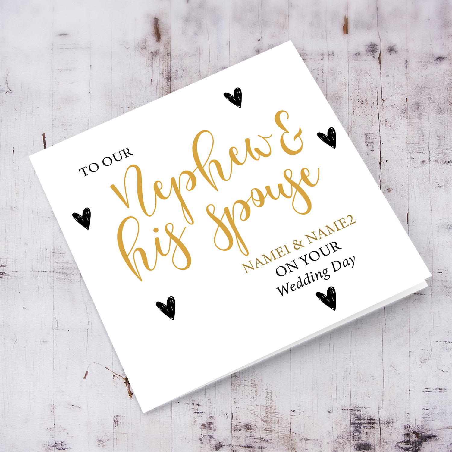Nephew & Spouse wedding card in gold and black text in English (personalisable)