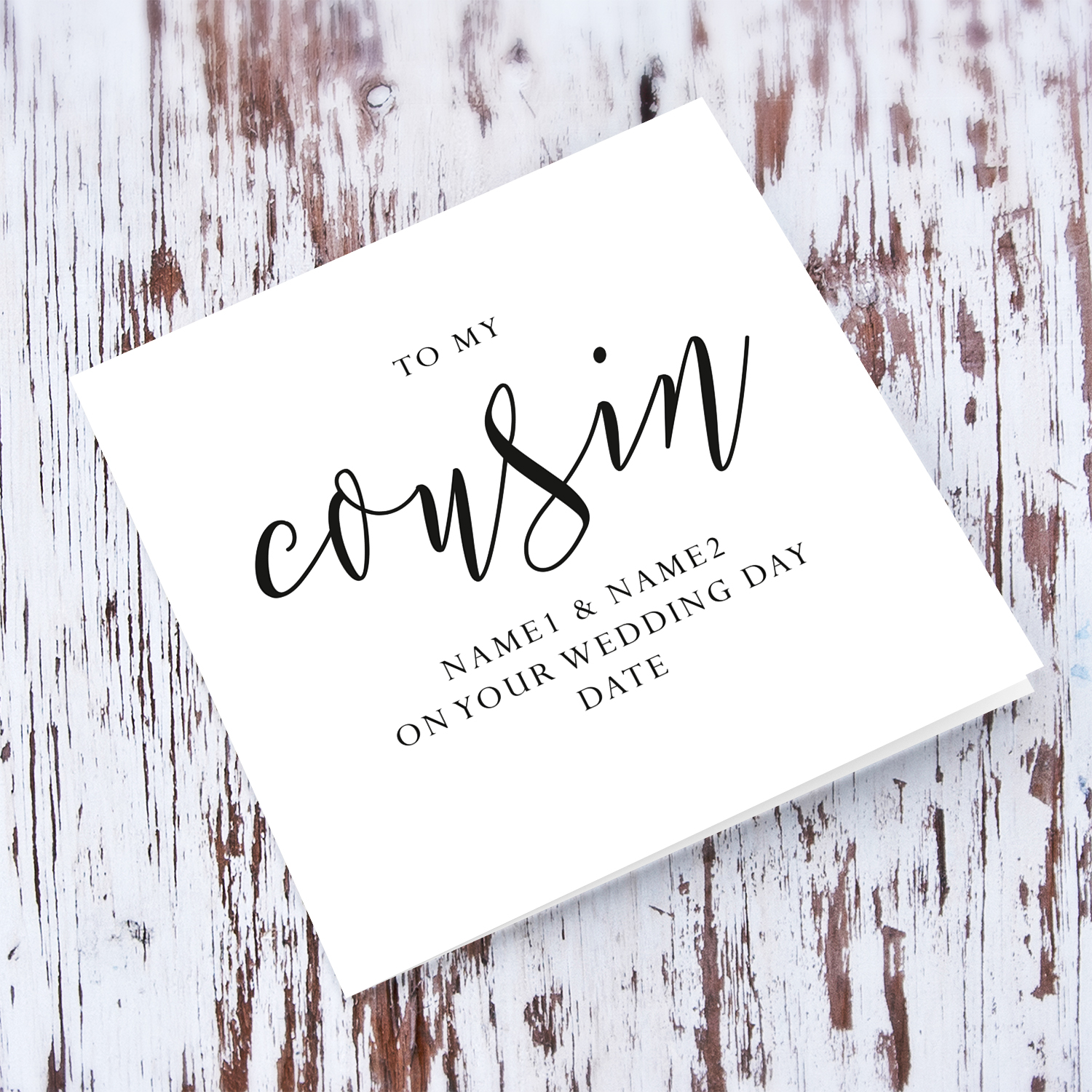 Cousin & Spouse minimalist wedding card in black text in English (personalisable)
