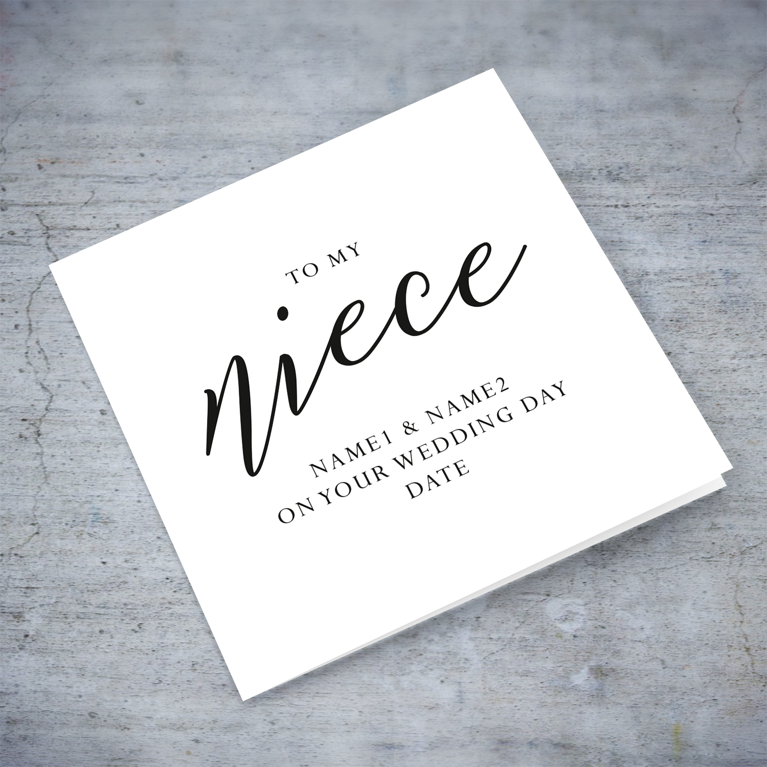 Niece & Spouse minimalist wedding card in black text in English (personalisable)