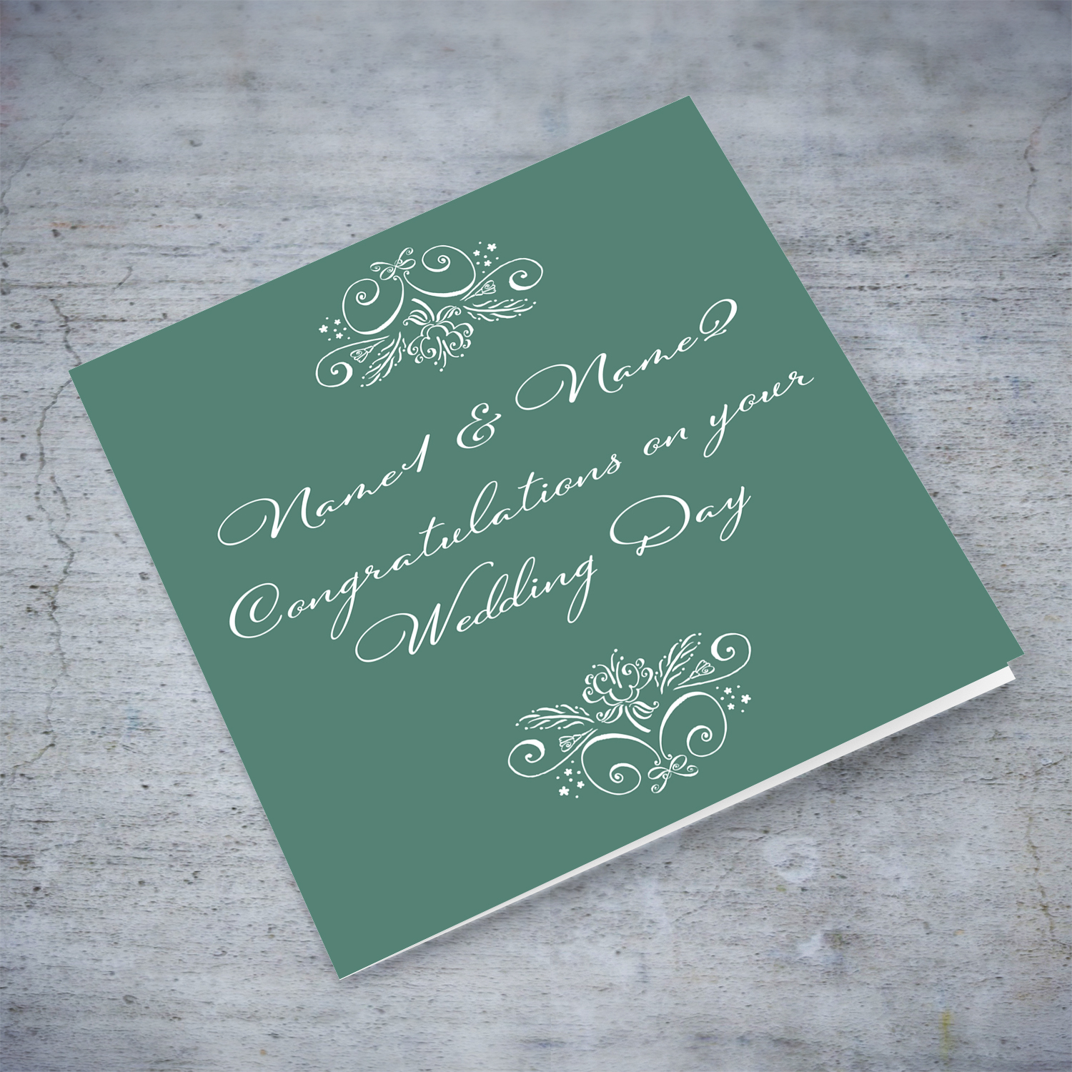 Elegant monochrome wedding card in a shade of green background and white text in English (Personalisable & blank inside)