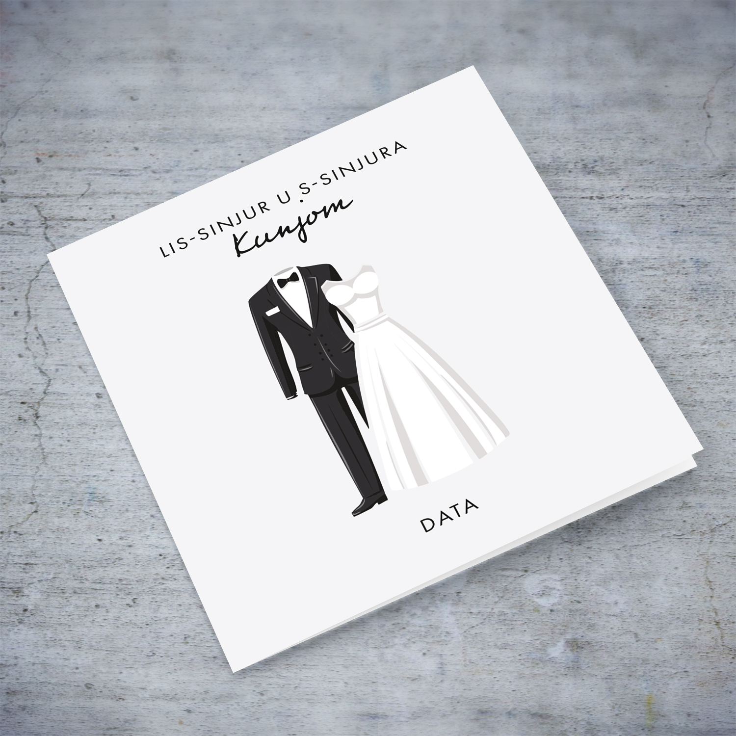 Grey background minimalist wedding card with groom suit and bride dress in Maltese (Personalisable)