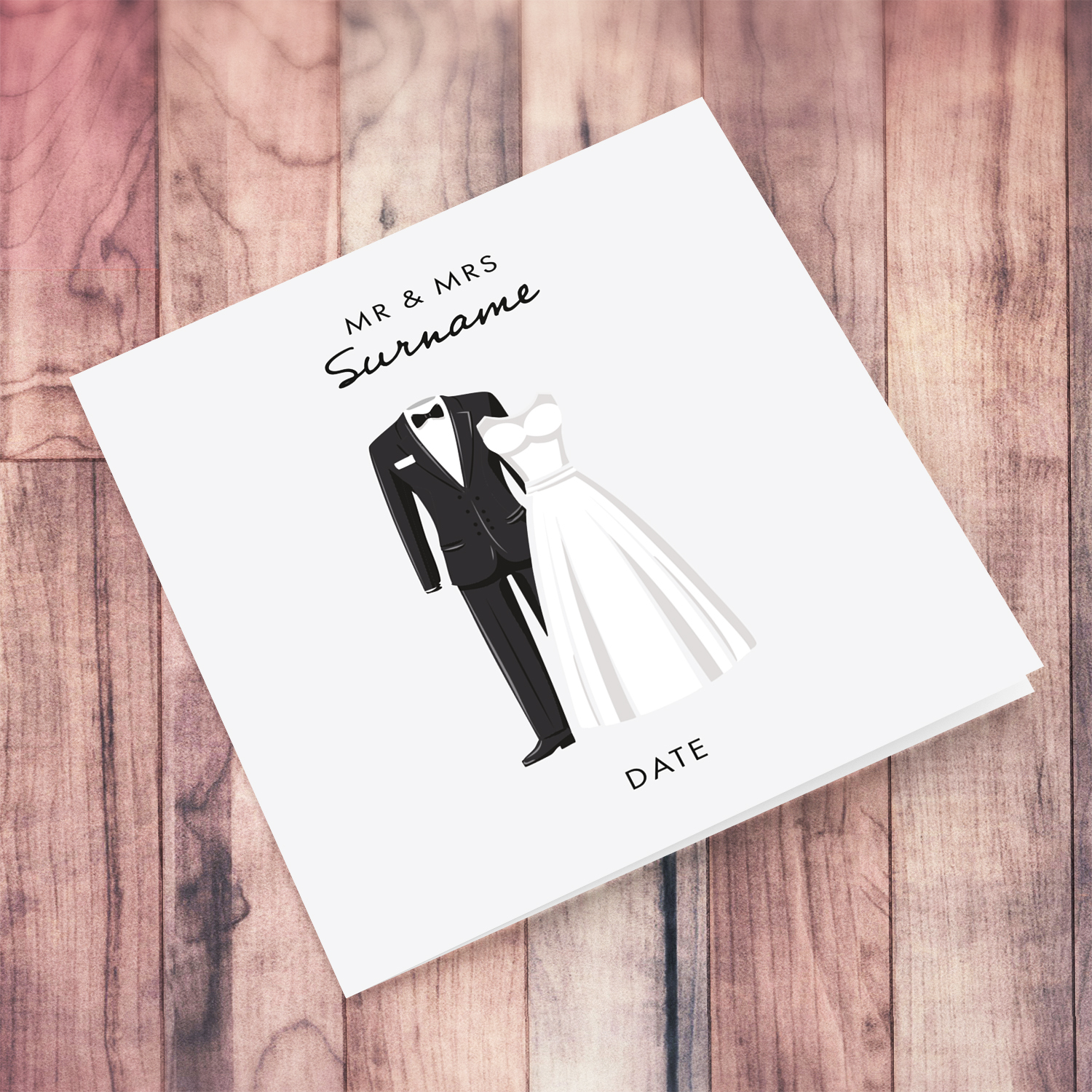 Grey background minimalist wedding card with groom suit and bride dress in English (Personalisable)