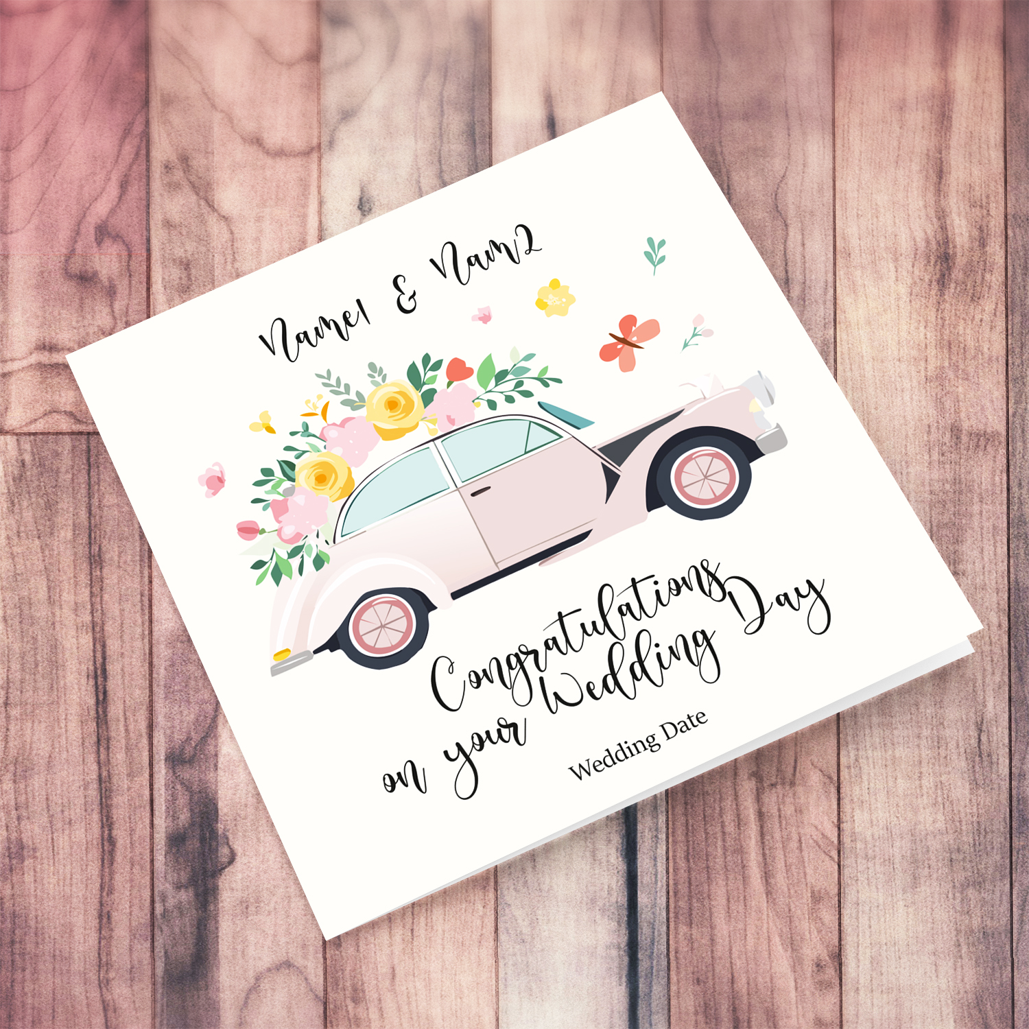 Wedding car themed wedding card with florals and neutral background in English(Personalisable)