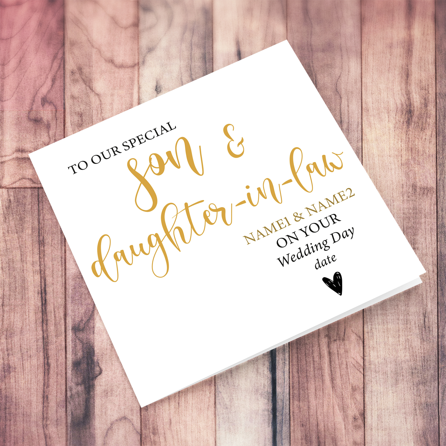 Son & Daughter-in-law  minimalist wedding card in gold and black text in English (personalisable)