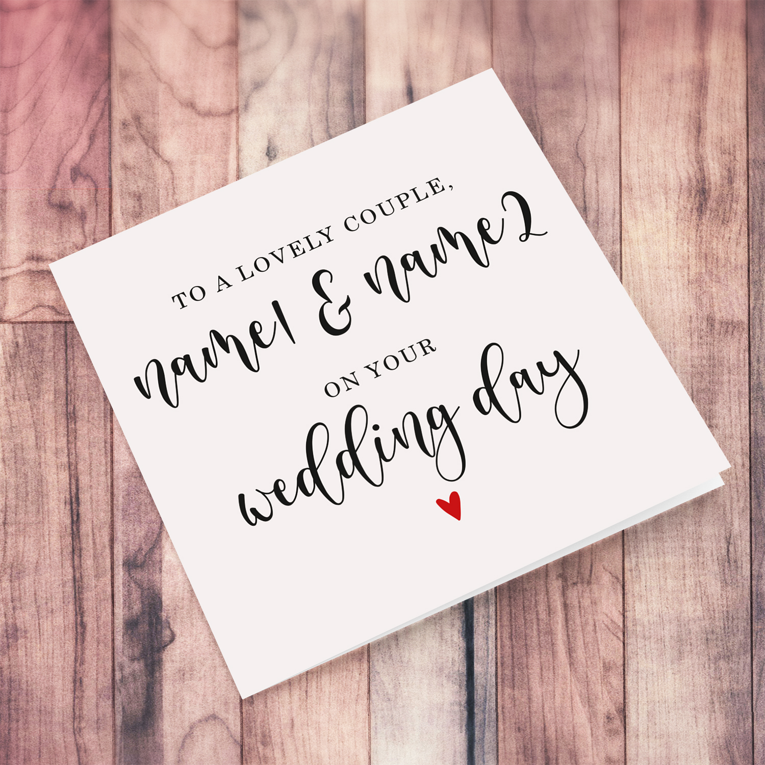 Minimalist wedding card in light coloured background and black text with red heart in English (Personalisable)