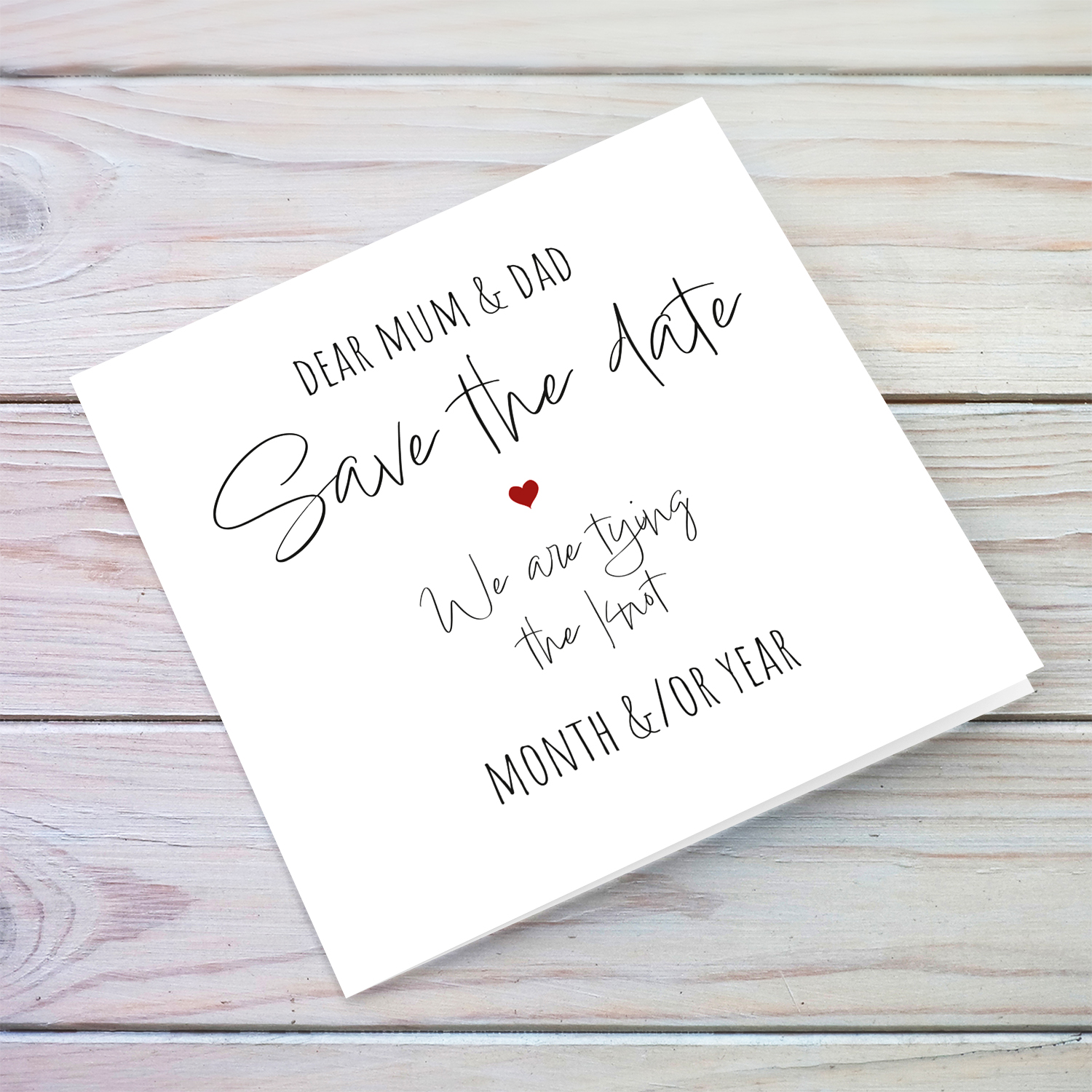 Minimalist save the date card for mum and dad - We are tying the knot with small red heart in English