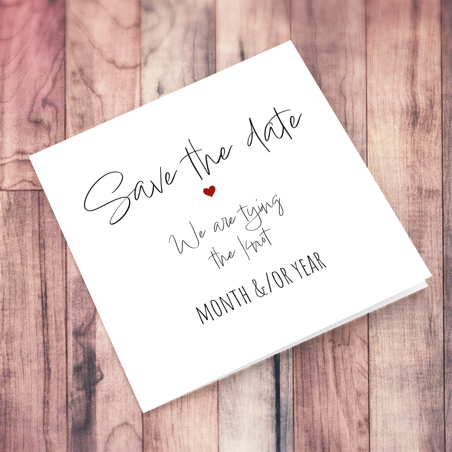 Minimalist save the date card - We are tying the knot with small red heart in English