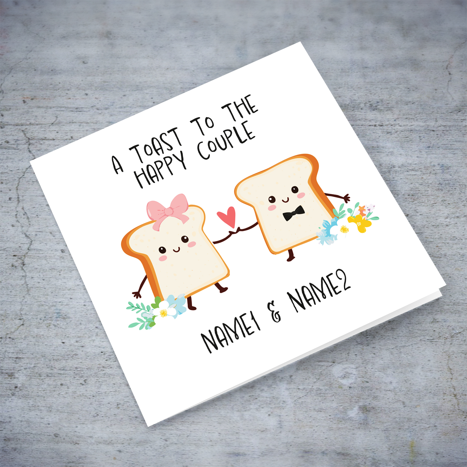 A toast to the happy couple - a cute wedding card featuring 2 cute toasts holding hands with flowers on the side in English (Personalisable)