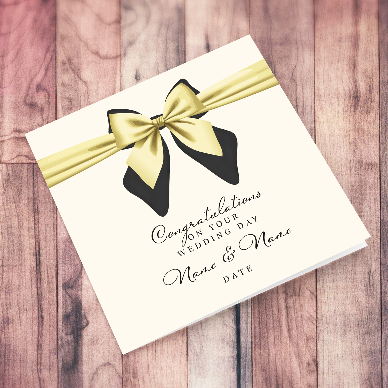 Cute bow themed wedding card in gold and black tones in English (Personalisable)