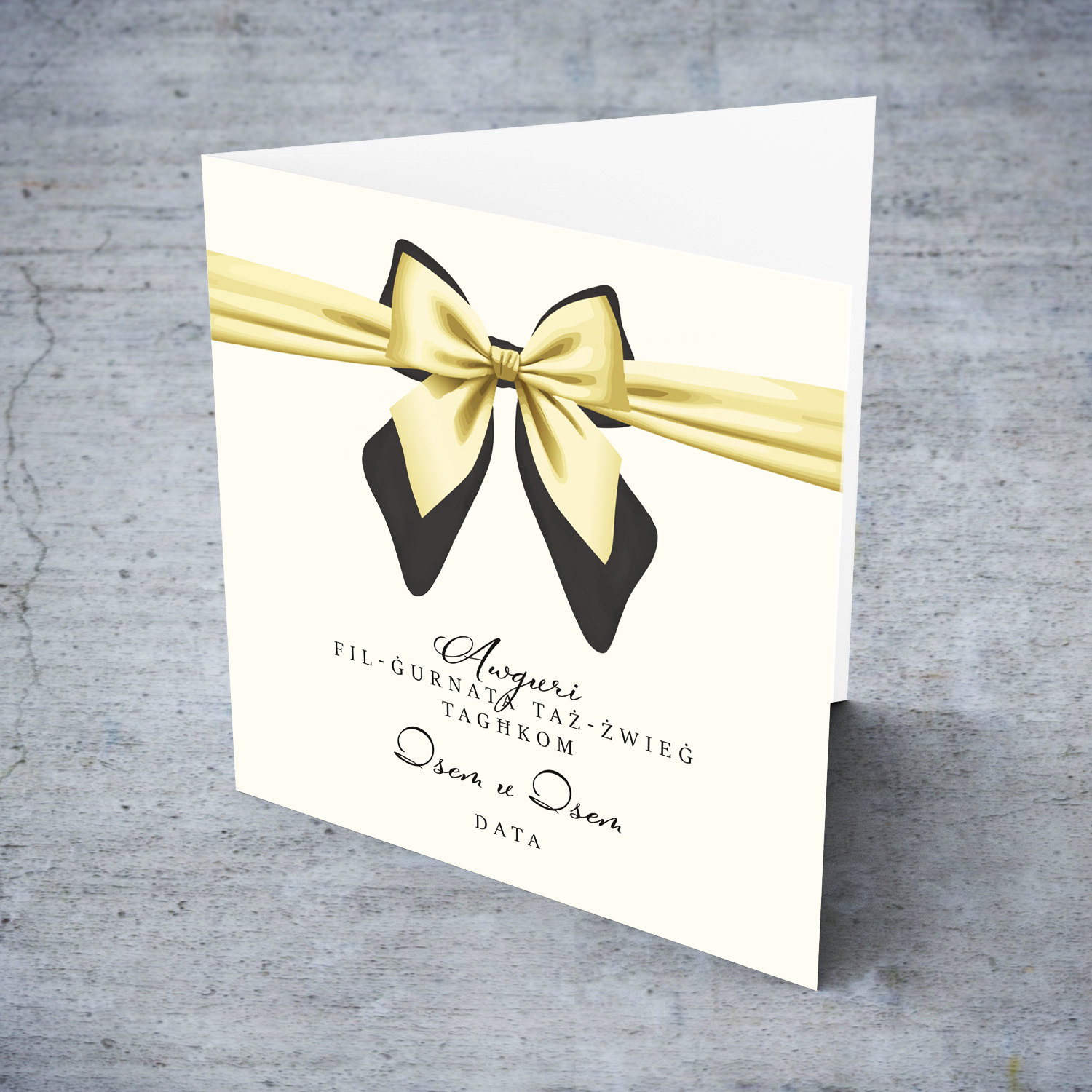 Cute bow themed wedding card in gold and black tones in Maltese (Personalisable)