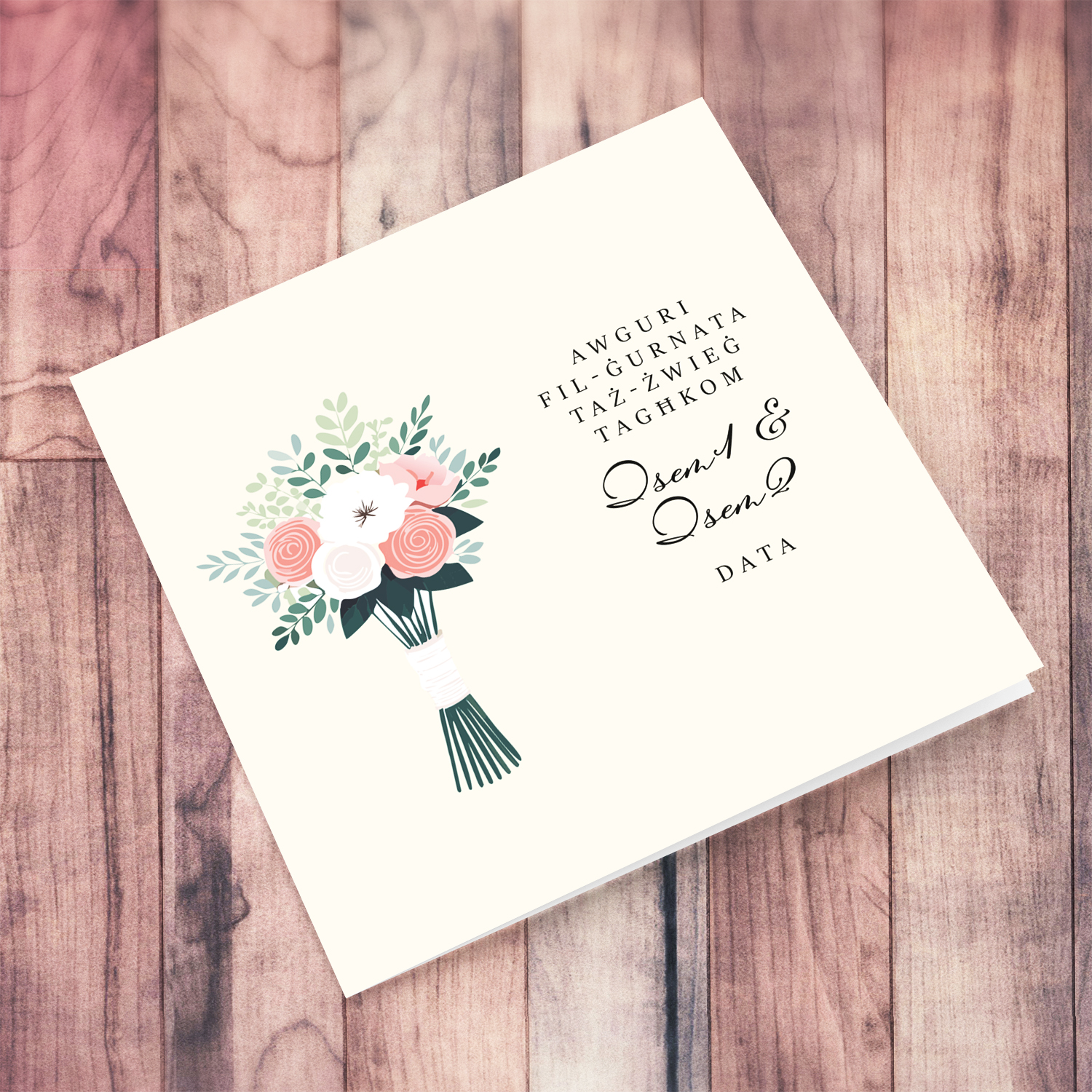 Elegant flower bouquet wedding card in cream background in Maltese (Personalisable)