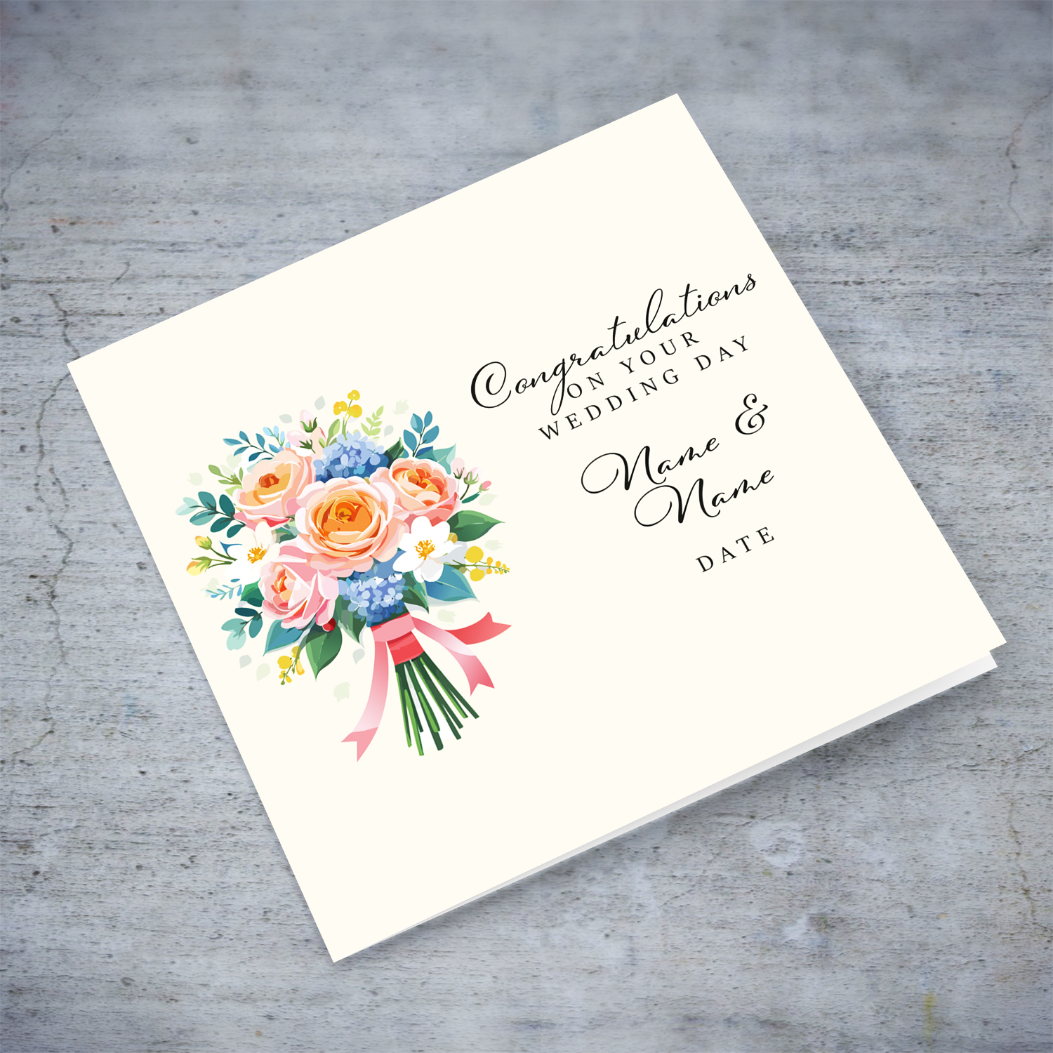 Elegant flower bouquet wedding card in cream background in English (Personalisable)
