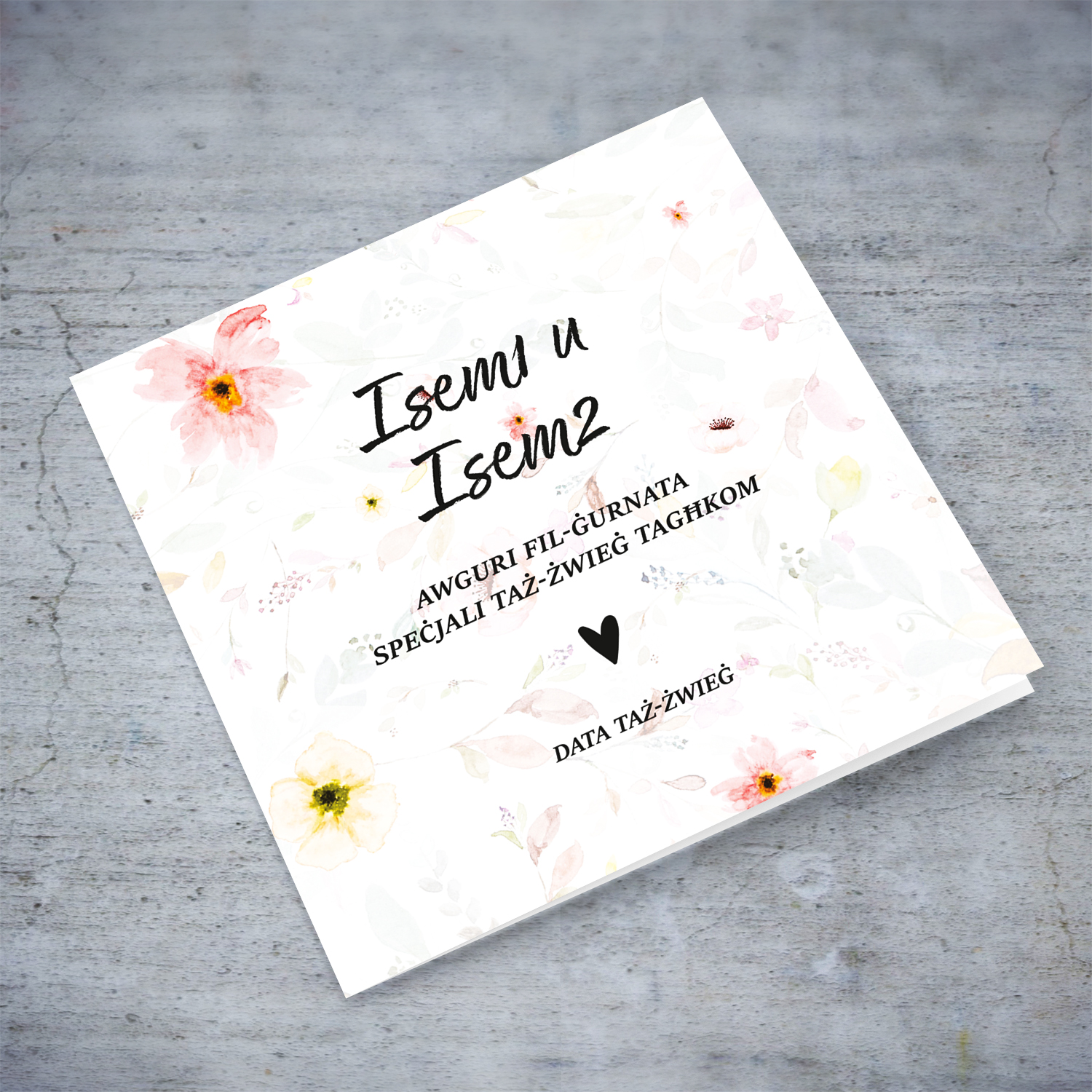 Petite flowers in soft watercolours Wedding Card in Maltese (Personalisable)