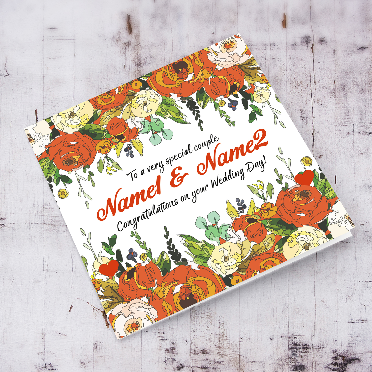 Orange / Rust flower themed wedding card in English (Personalisable)