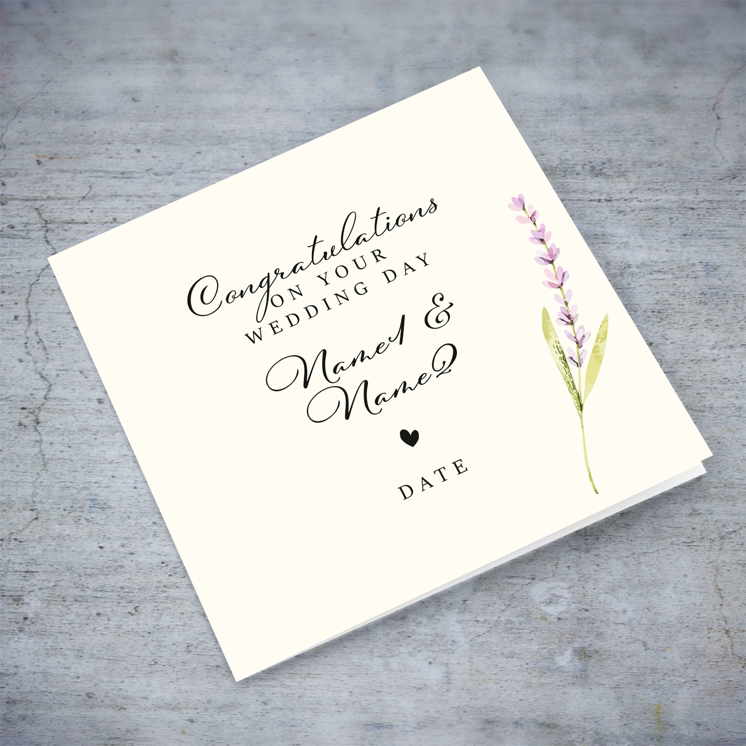 Minimalist & petite wedding card with dainty lilac floral detail in English (Personalisable)
