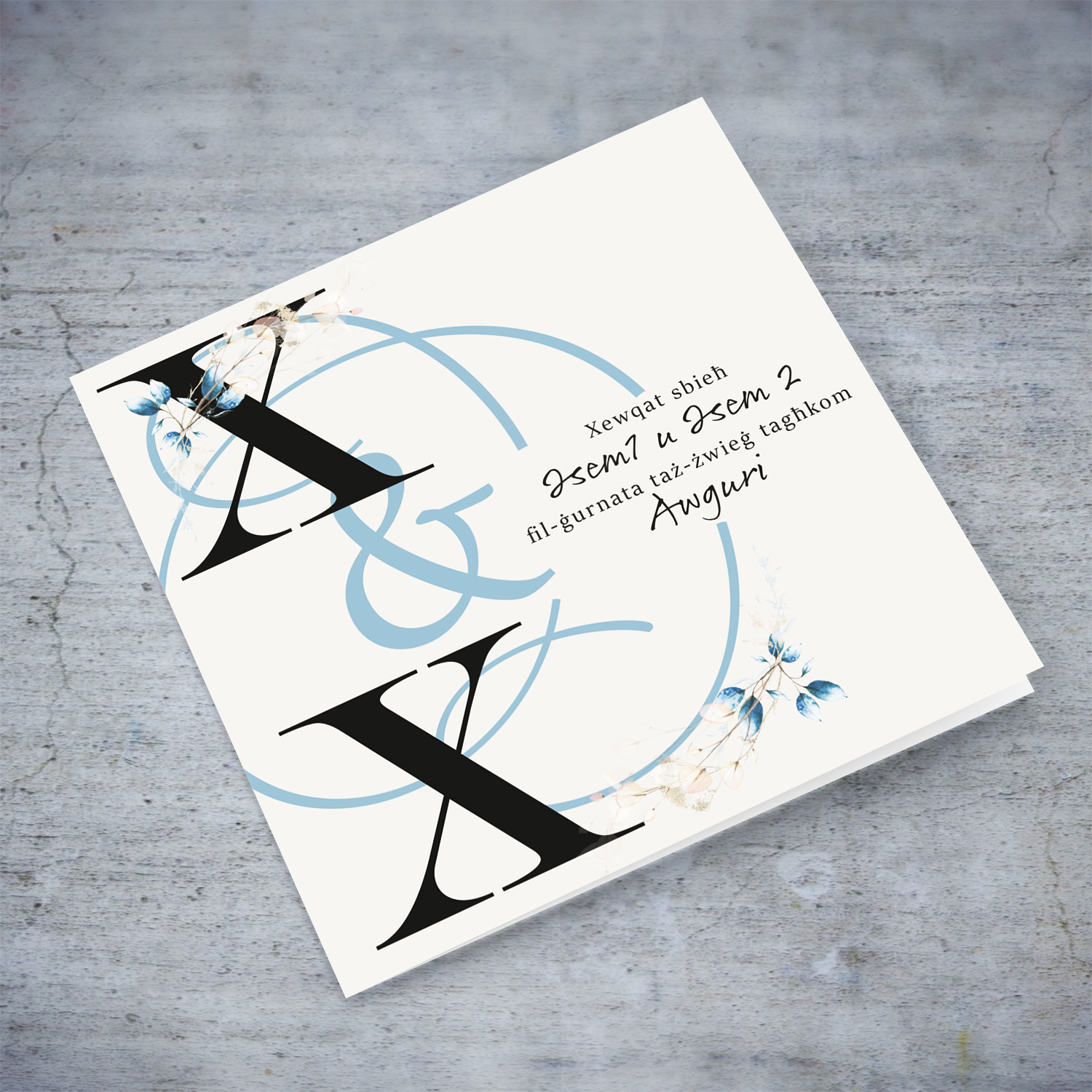 Initial Wedding Card with blue florals in Maltese (Personalisable)