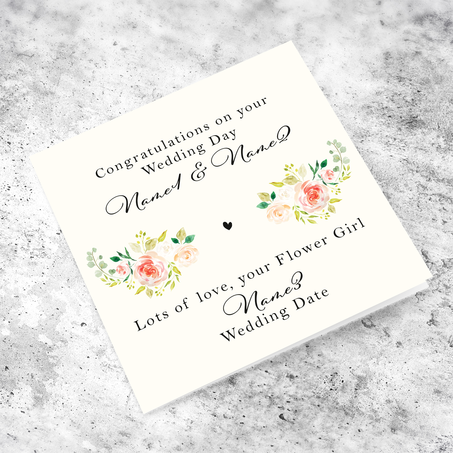 Petite wedding card, featuring pink florals from Flower Girl in English (Personalisable) 