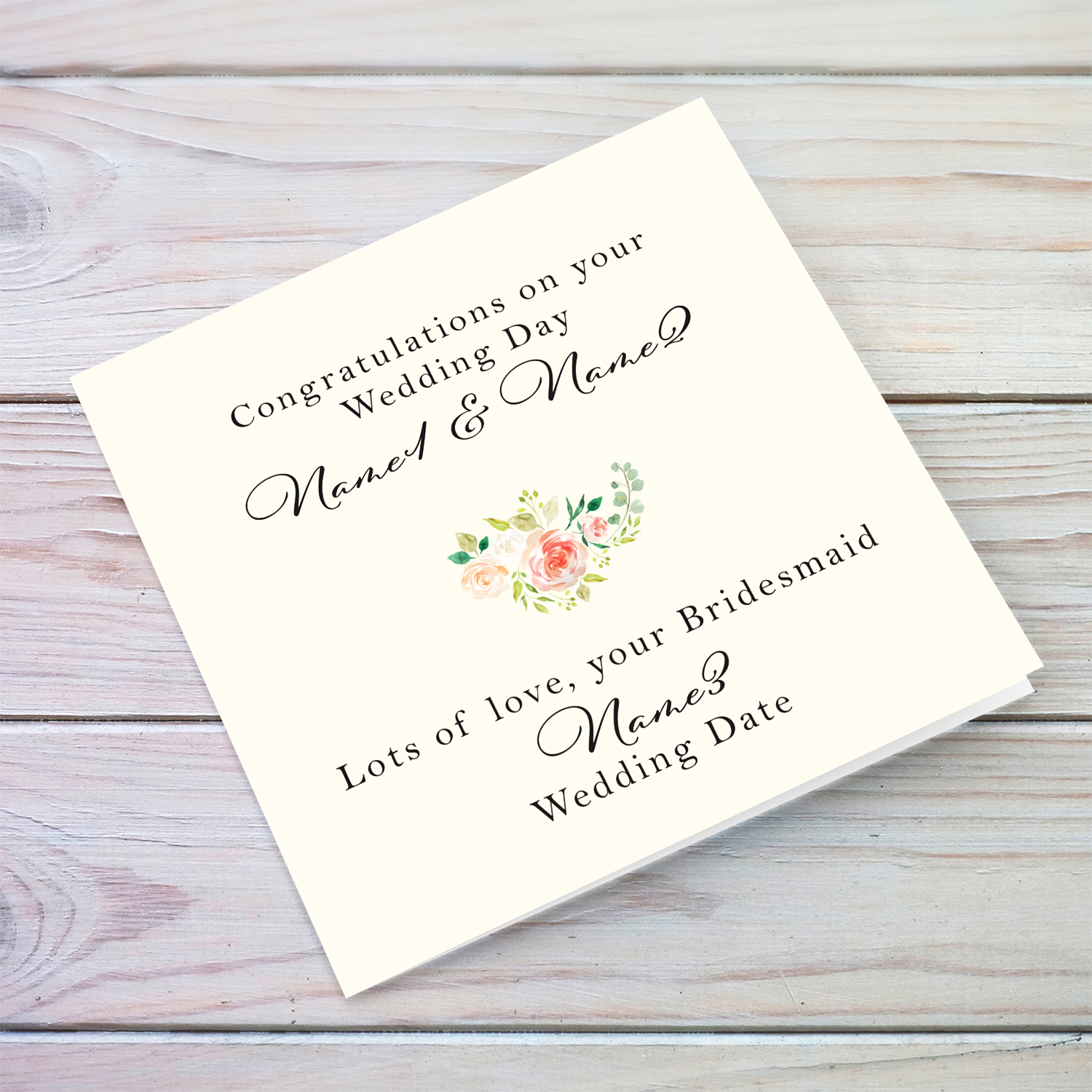 Petite wedding card, featuring pink florals from Bridesmaid in English (Personalisable)