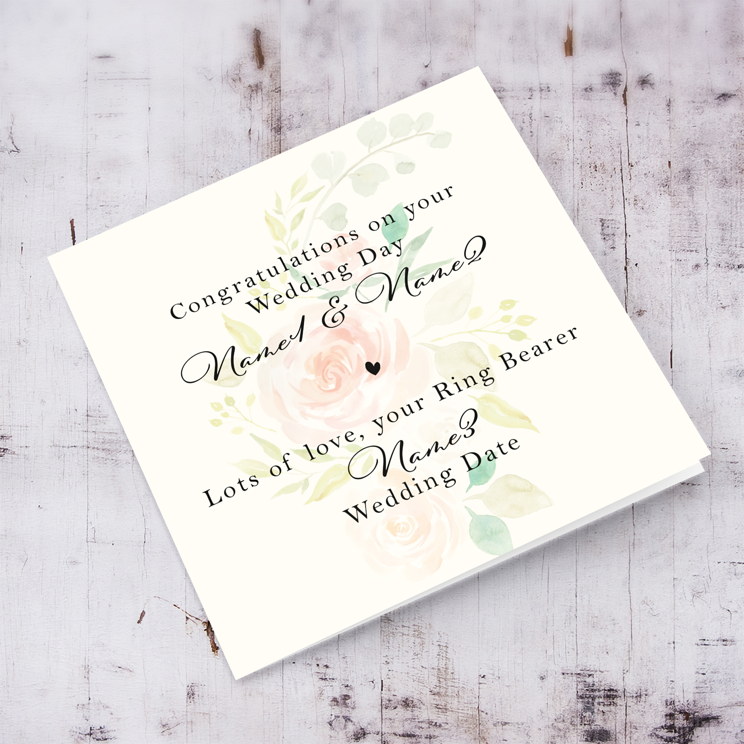 Petite wedding card, featuring pink florals from Ring Bearer in English (Personalisable)
