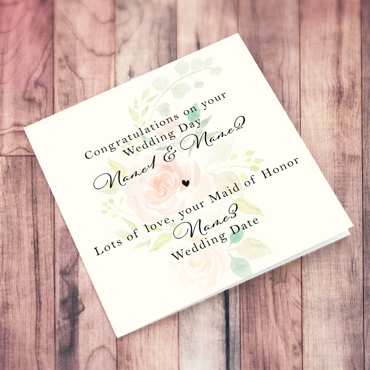 Petite wedding card, featuring pink florals from Maid of Honor in English (Personalisable)
