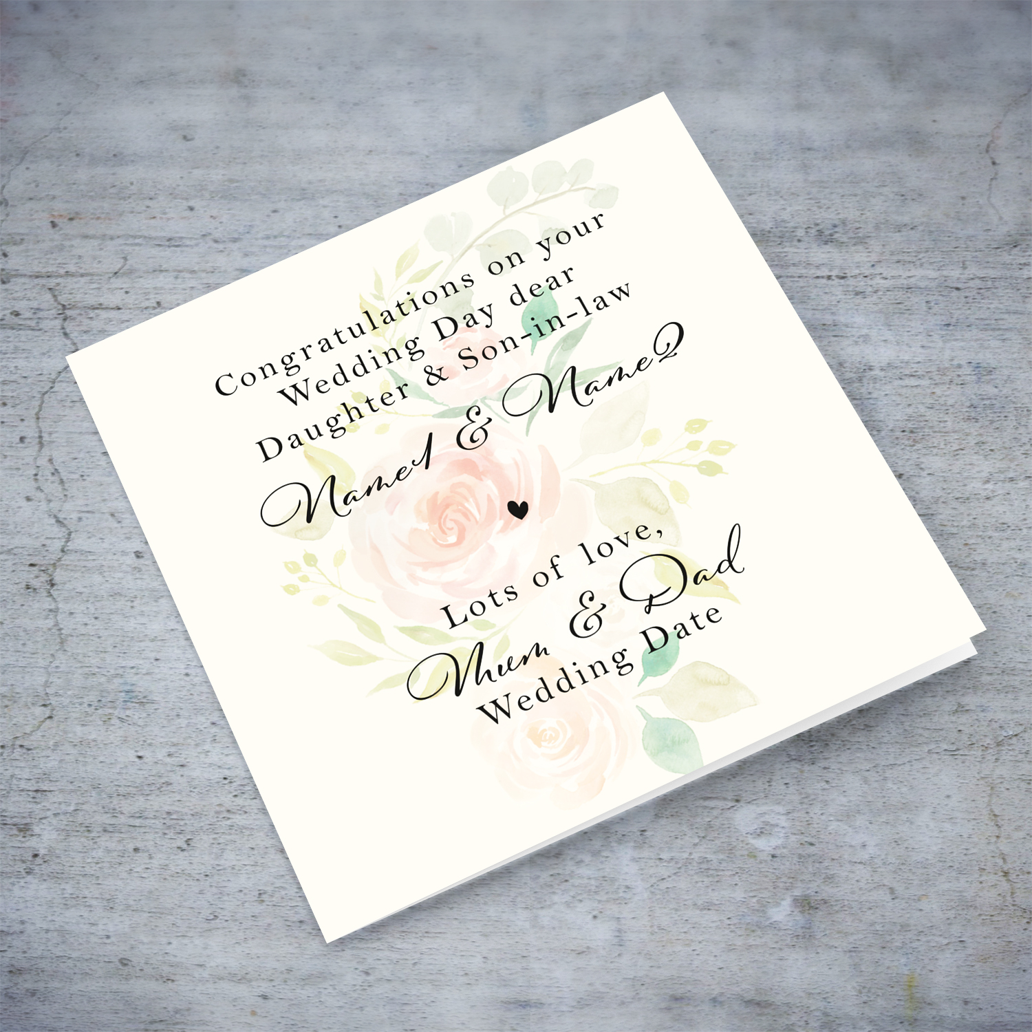 Petite wedding card, featuring pink florals to daughter and son-in-law from Mum & Dad in English (Personalisable)