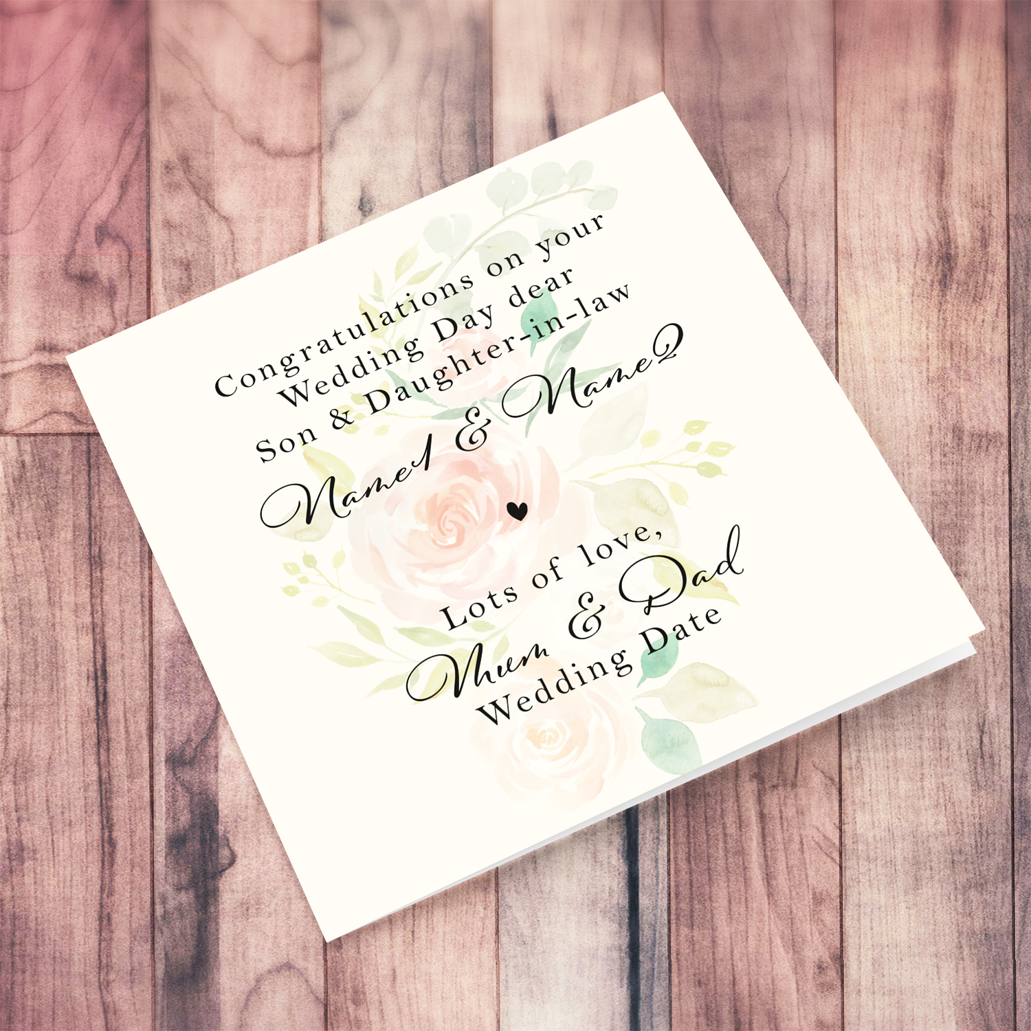 Petite wedding card, featuring pink florals to son and daughter-in-law from Mum & Dad in English (Personalisable)