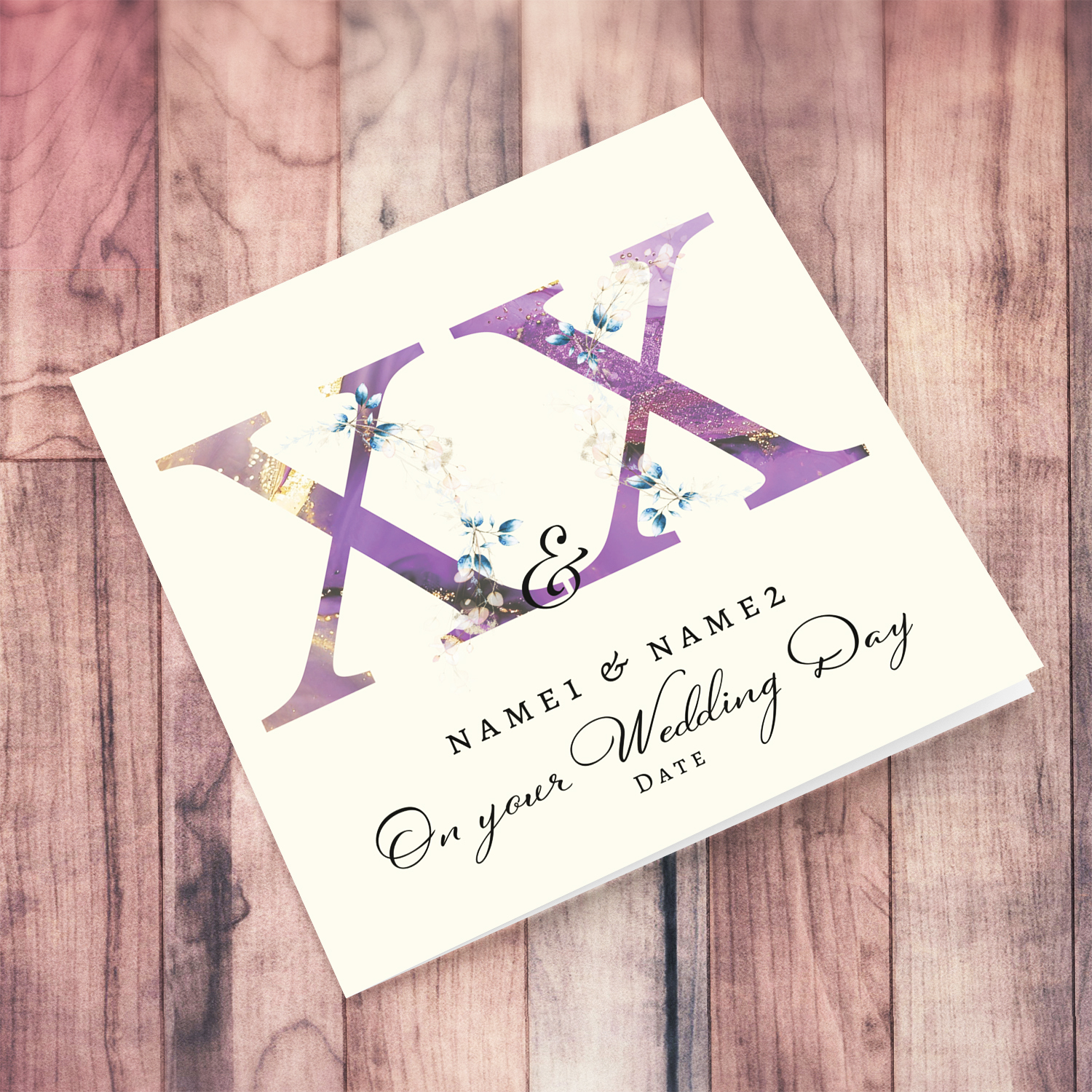 Initial Wedding Card in Purple tones and bluish florals in English 