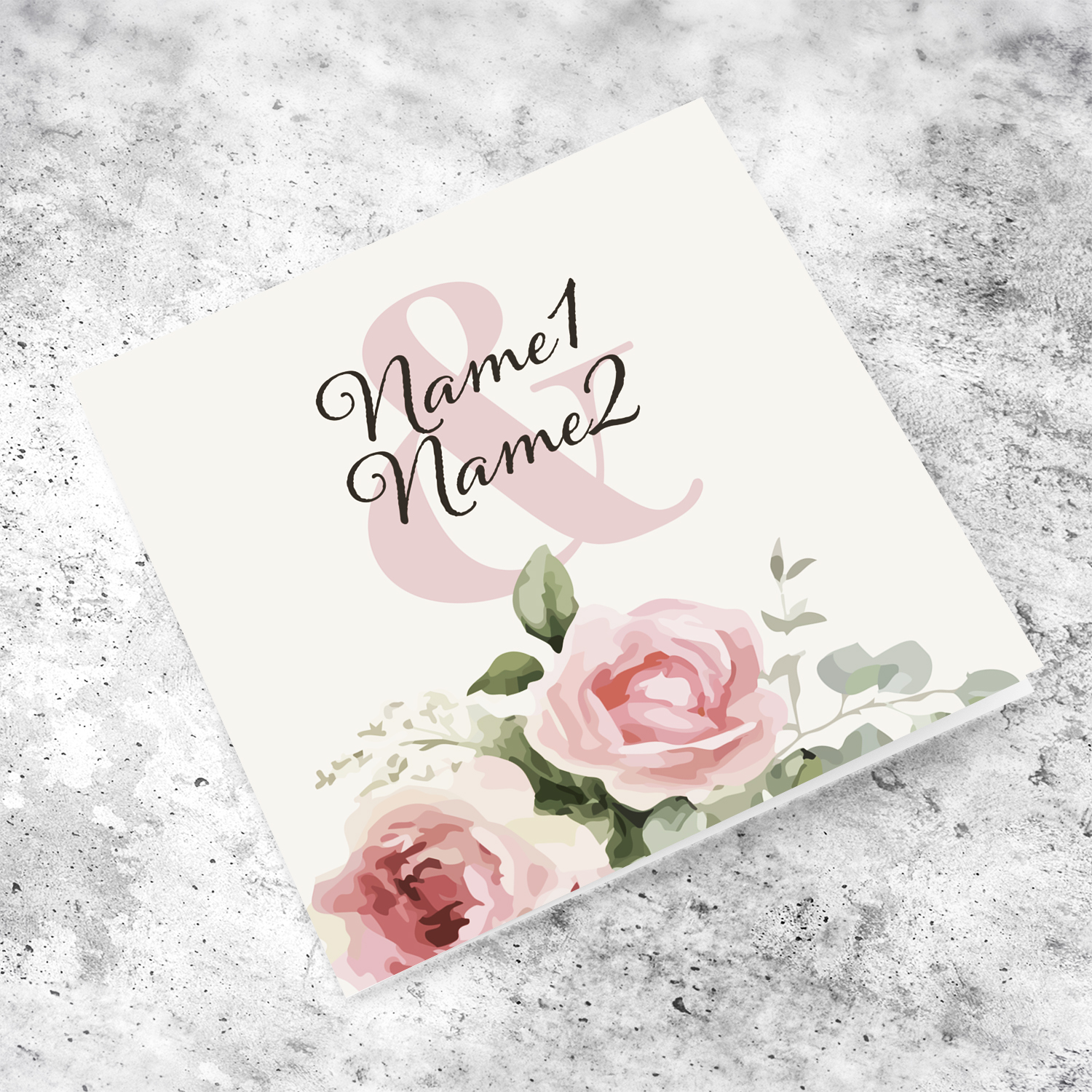 A beautiful wedding card featuring the couple's names and pink toned florals in English (Personalisable)