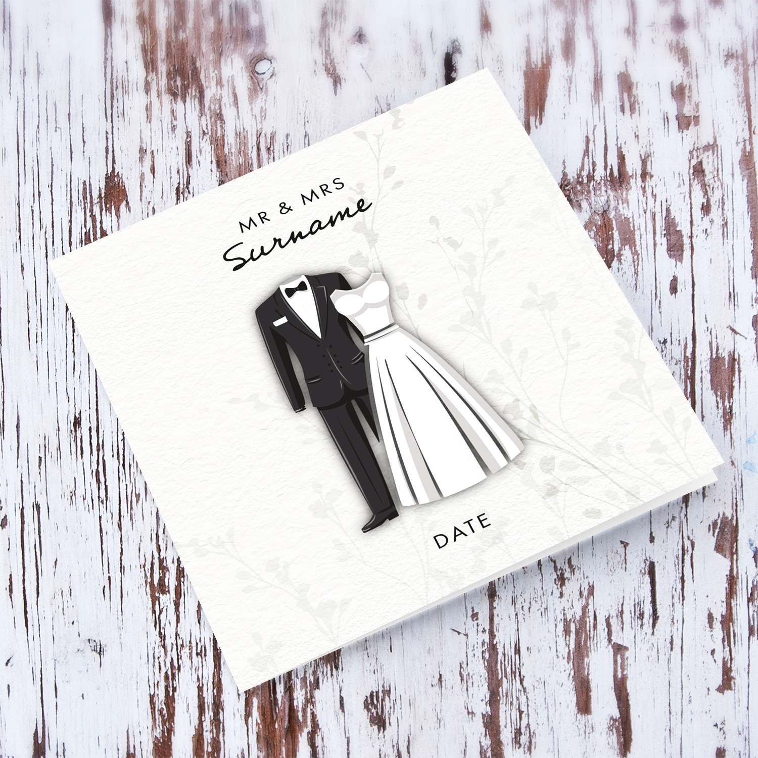 A neutral background minimalist wedding card with groom suit and bride dress in English (Personalisable)