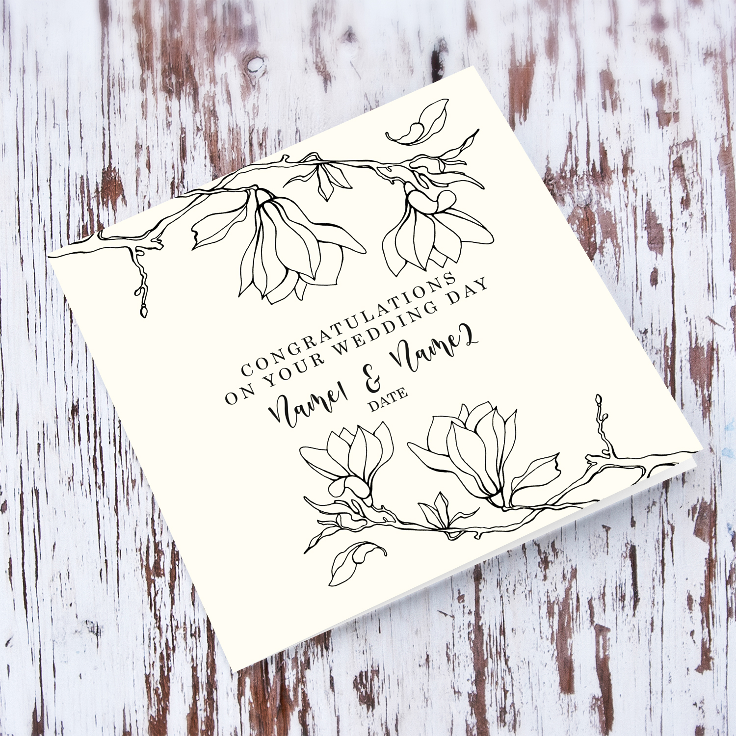 A monochrome wedding card in black text featuring line art flowers in English (Personalisable)