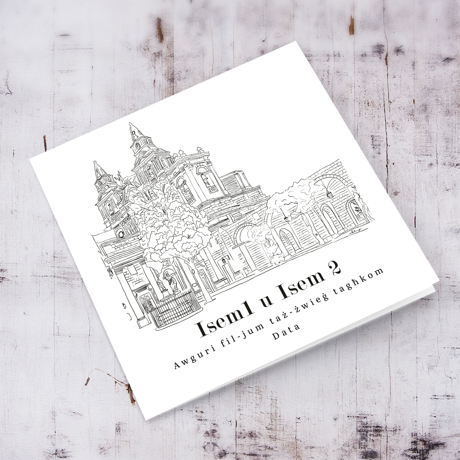 Sanctuary of Our Lady Mellieħa line art wedding card in a white background and black text in Maltese (Personalisable)