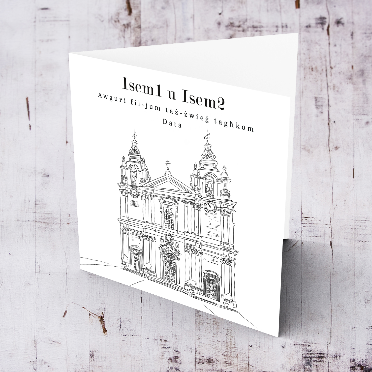 Mdina Cathedral line art wedding card in a white background and black text in Maltese (Personalisable)