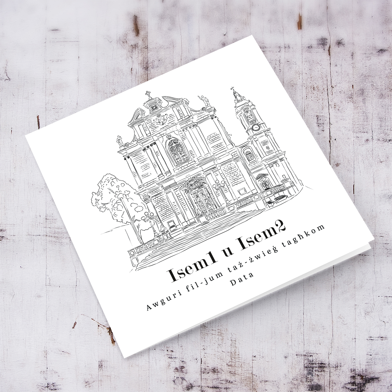 Ħal Għaxaq Parish Church line art wedding card in a white background and black text in Maltese (Personalisable)