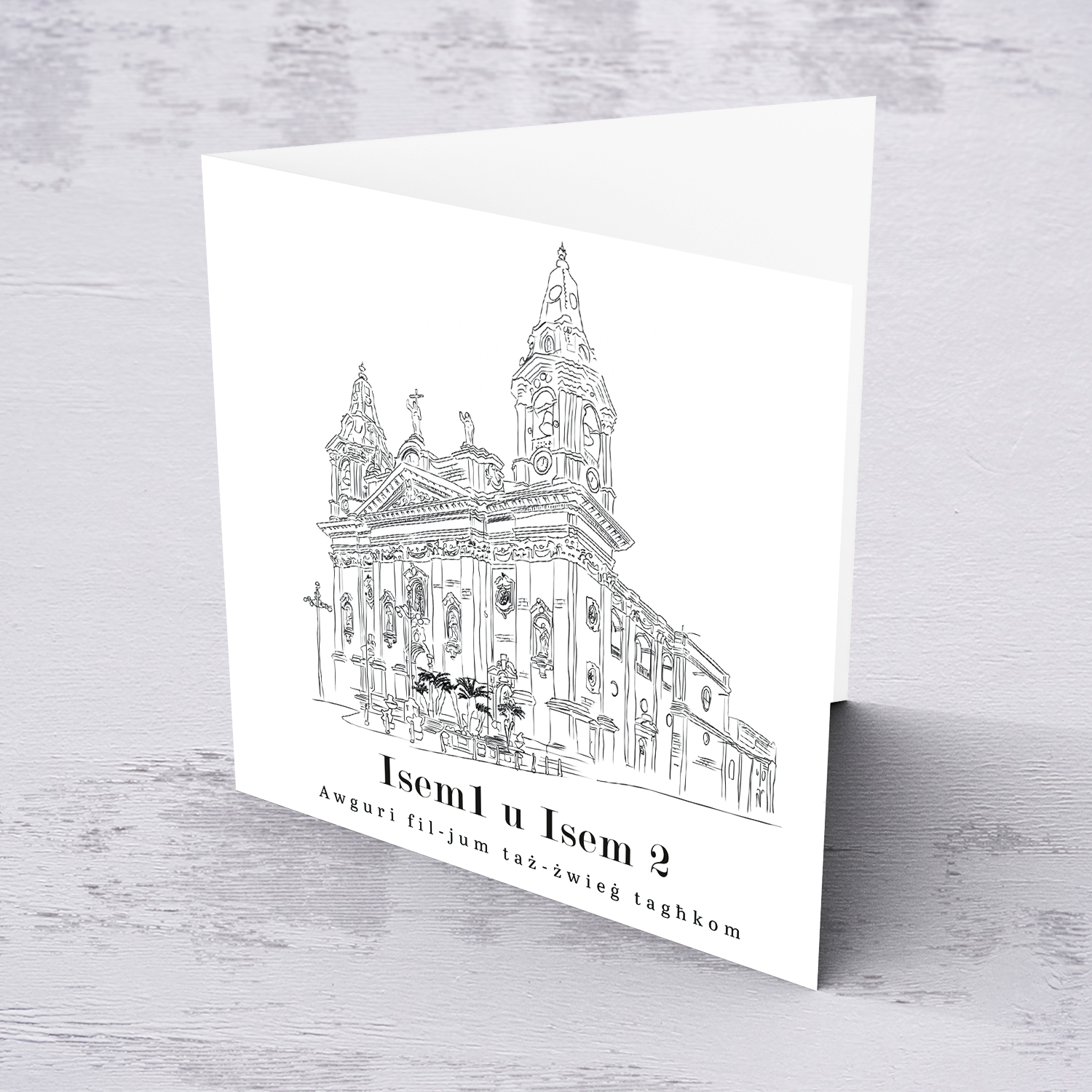 Naxxar Parish Church line art wedding card in a white background and black text in Maltese (Personalisable)