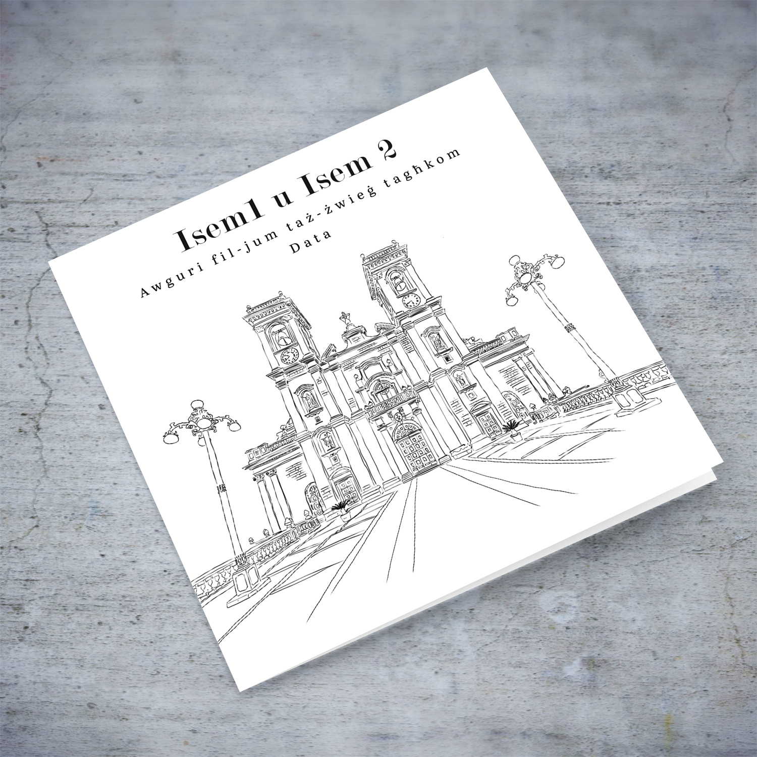 Ħaż-Żebbuġ Parish Church line art wedding card in a white background and black text in Maltese (Personalisable)