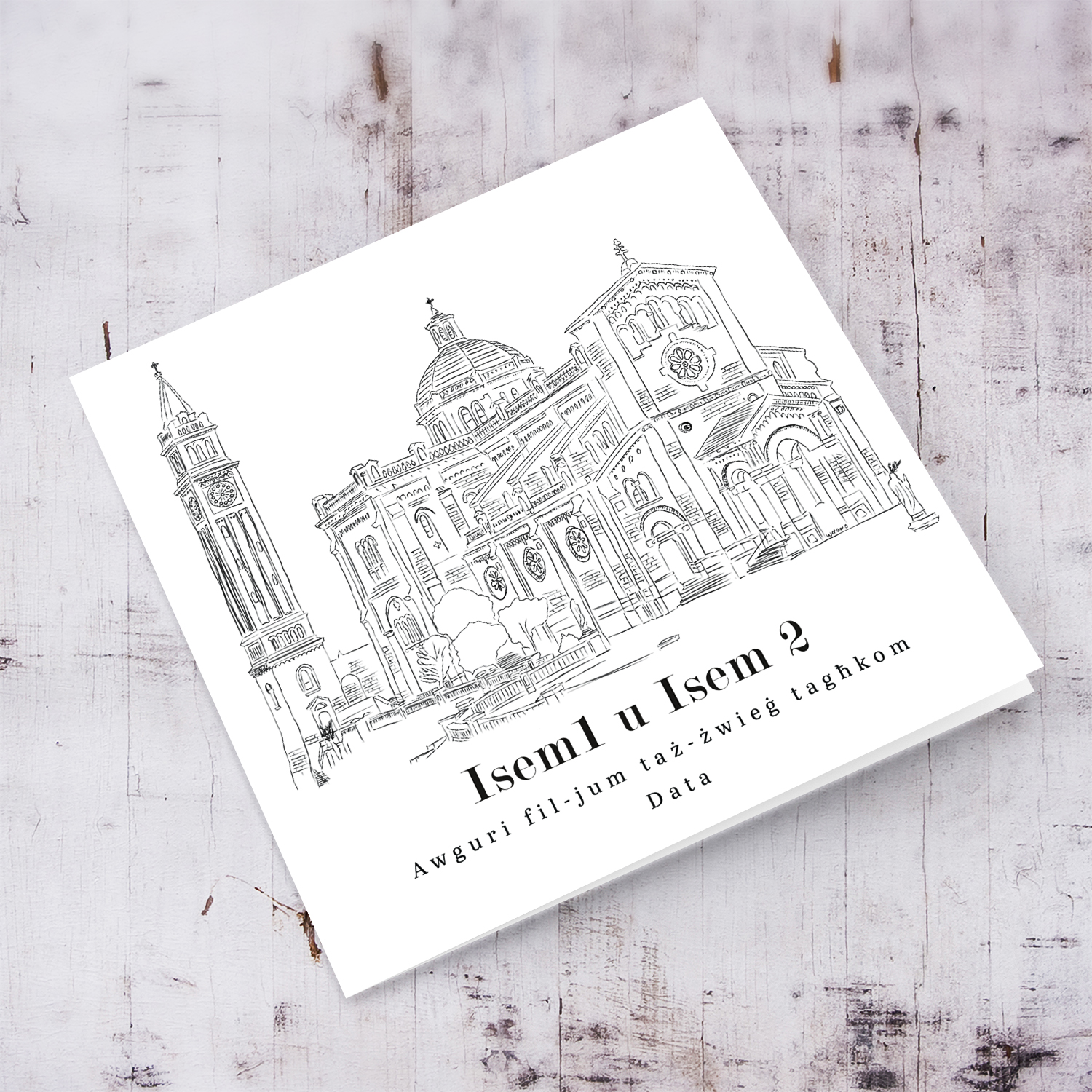 Ta' Pinu Basilica line art wedding card in a white background and black text in Maltese (Personalisable)