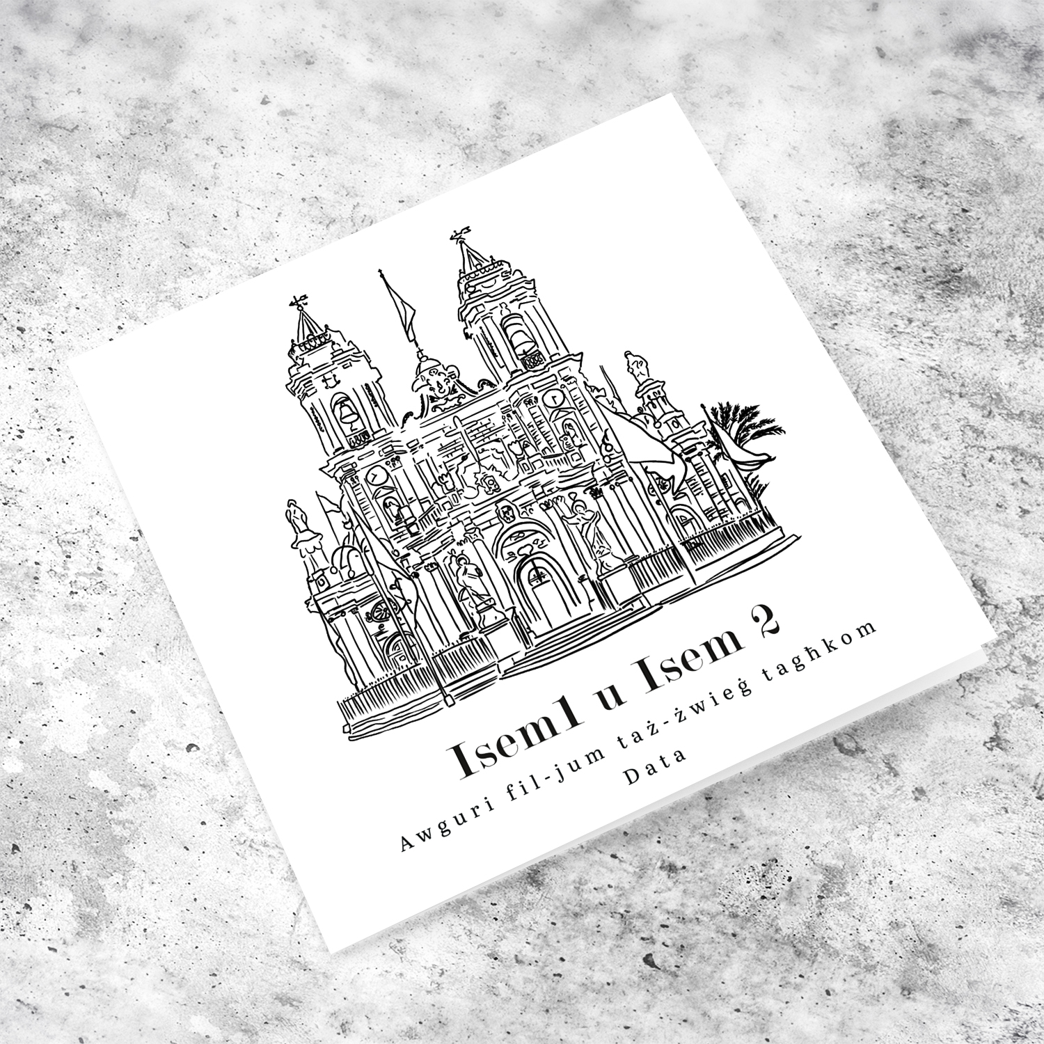 Ħaż-Żabbar Parish Church line art wedding card in a white background and black text in Maltese (Personalisable)